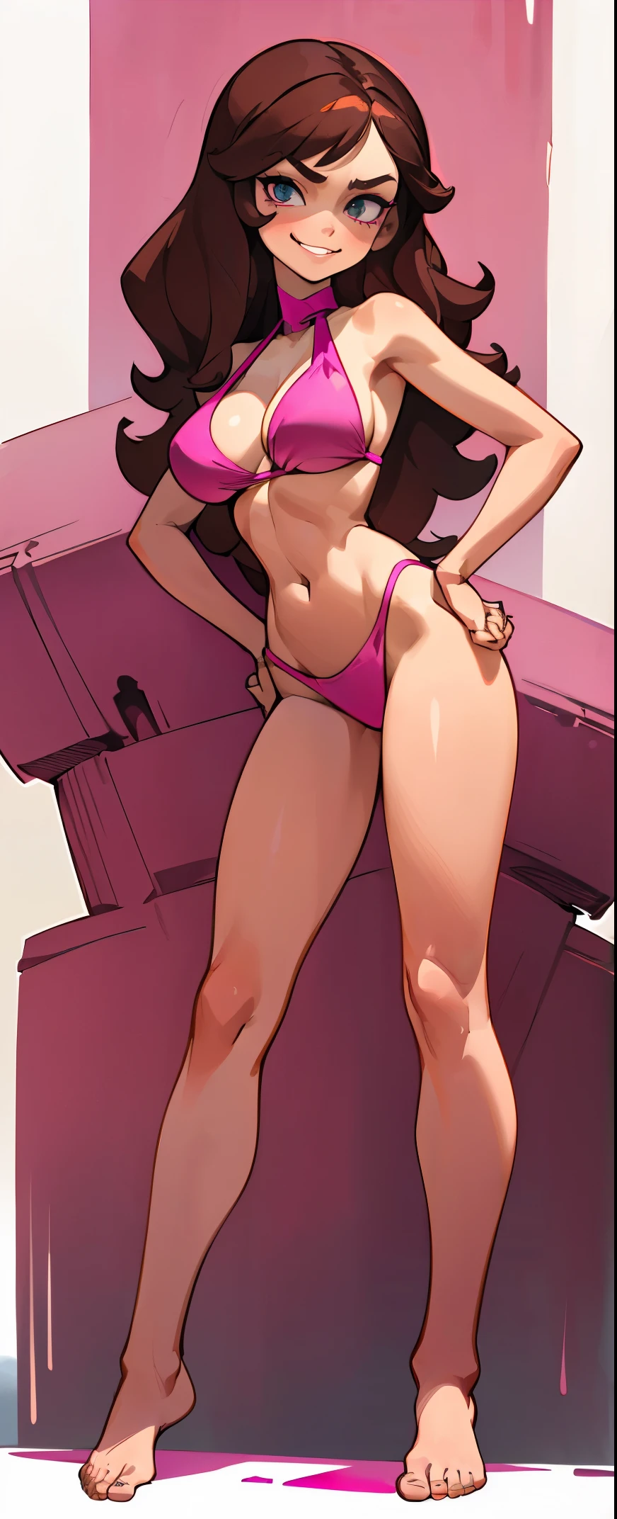1 girl, Long brown hair, conjunctivitis, villain , Pink bikini, sly face., Sly smile, big breasts, Barefoot , full body, stand on your hips, Stand up straight.. , Building Walls , 