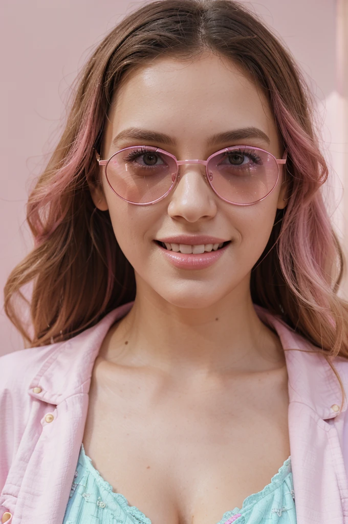 woman in a pink jacket and dress, cool look, solo photoshoot, pretty face, light smile, pink lips, sunglasses, pastel background, masterpiece, studio lighting, super details, depth of field, eye level shot