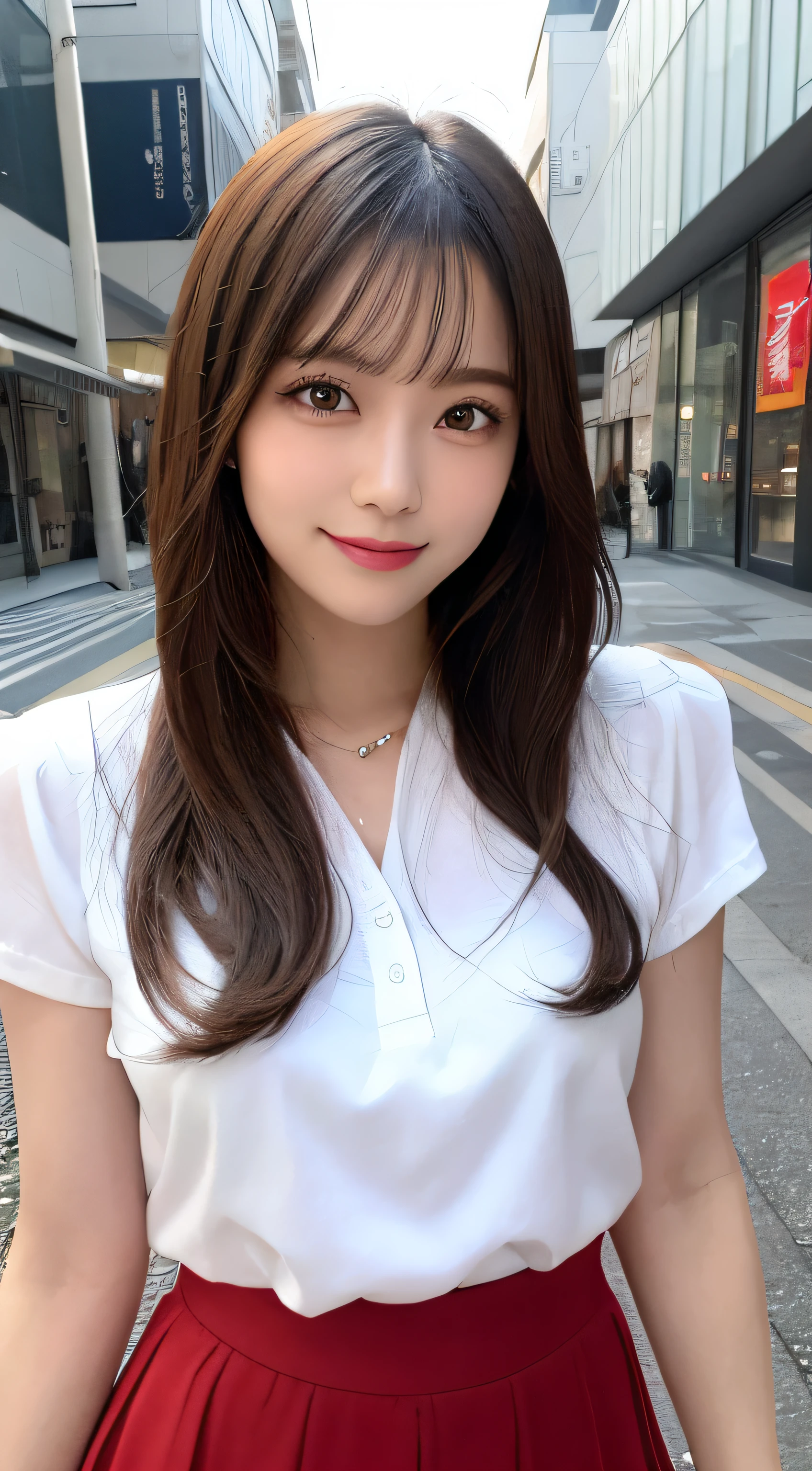 masutepiece, Best Quality, Illustration, Ultra-detailed, finely detail, hight resolution, 8K Wallpaper, Perfect dynamic composition, Beautiful detailed eyes, doress,Medium Hair, Mid-chest, Natural Color Lip, Random and sexy poses,Smile,Aoyama Street Walk、20 years girl, Black palid shirt, red palid skirt