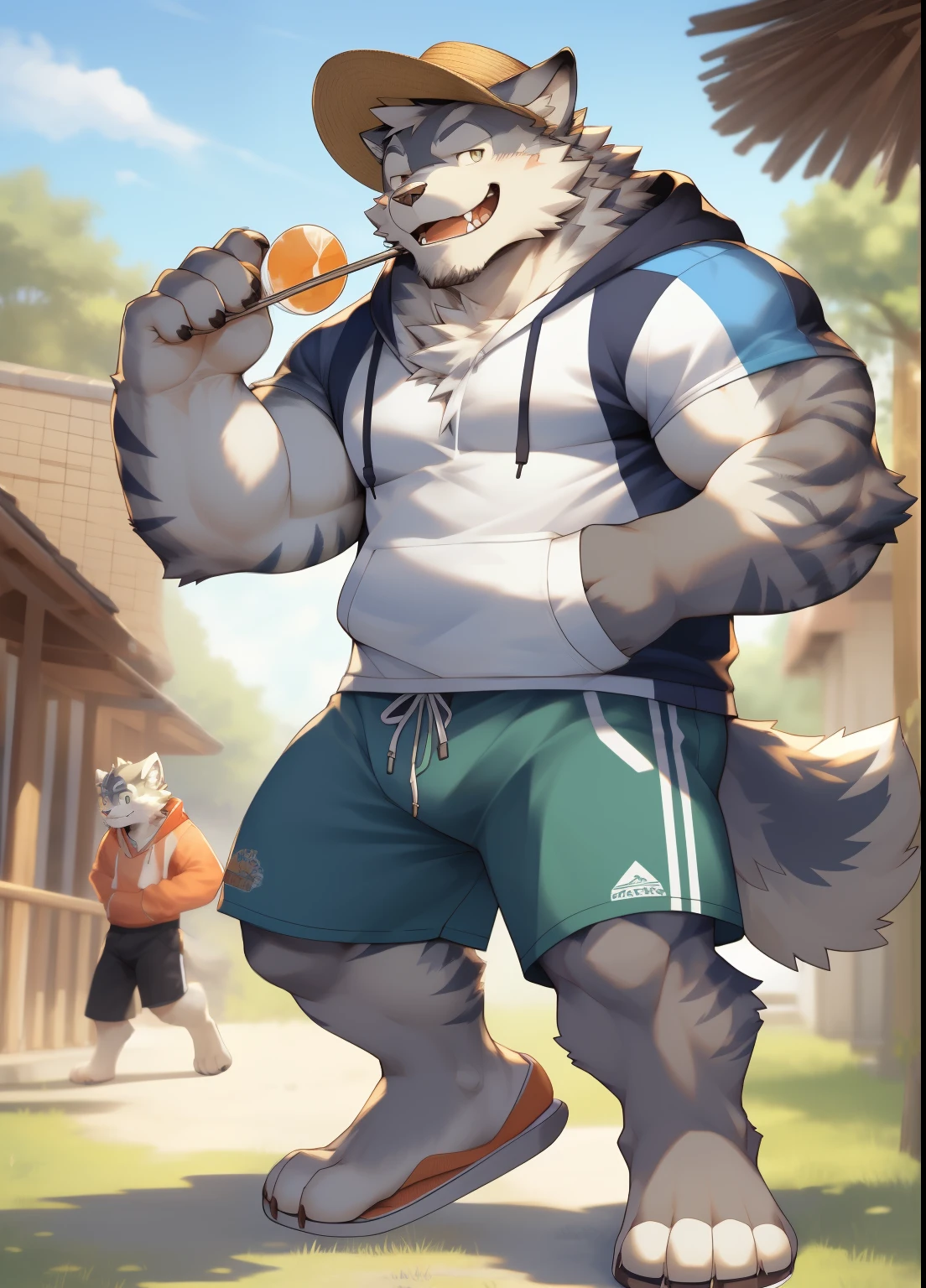 hairy,((Wolf,hoodie,shorts,slippers)),white fur,male,Common,full body picture((极其lifelike阴影,masterpiece,Very detailed,lifelike)), ((Cat)),dynamic poses,Tanonaka,wearing a straw hat,rod,Smile((极其lifelike背景,masterpiece,Very detailed,lifelike))