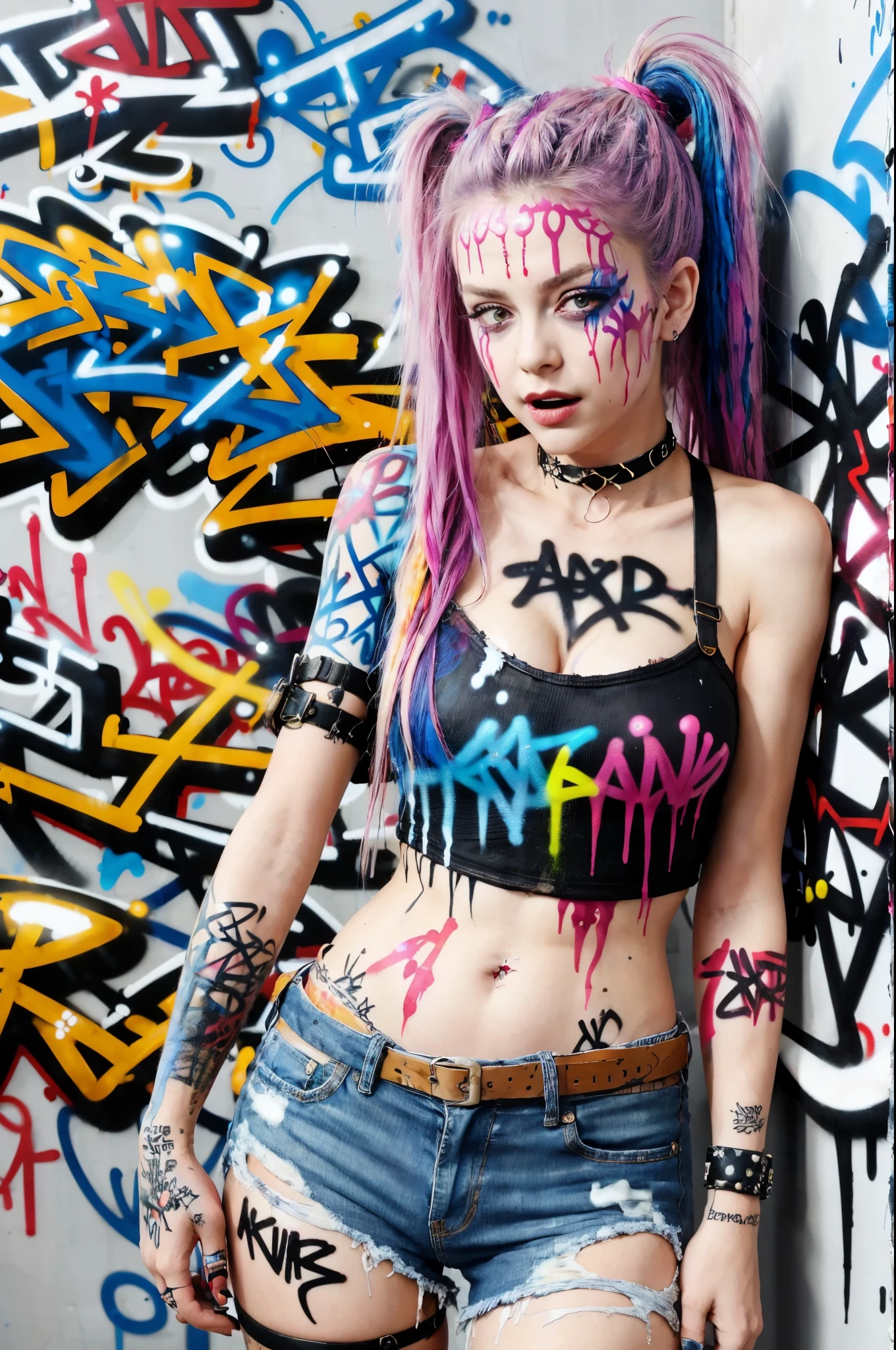 absurdres, best quality,1girl, solo, streaked hair, crop top, denim shorts, choker, (graffiti:1.25),  paint splatter, arms behind back, (slouching), leaning back, against wall, (leaning to the side:0.25), looking at viewer, armband, thigh strap, streaked hair, paint on body, intense eye contact, playing with the camera, seductive pose, seductive face expression