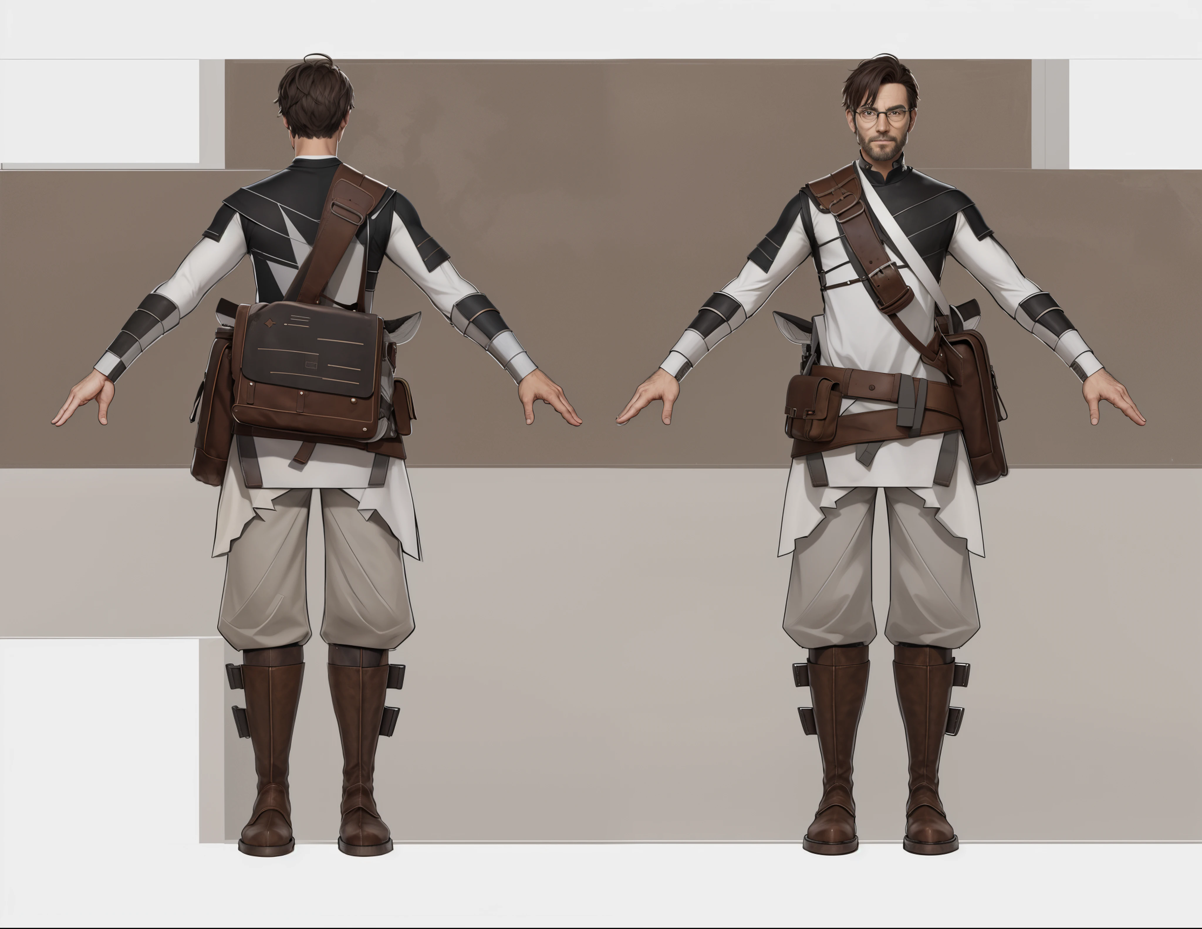(Realistic:1.33),(masterpiece:1.1),(highest quality:1.1),(HDR:1),a close up of a man with a medieval fantasy bag and a backpack, full body character concept, full body concept, detailed full body concept art, concept shirt, detailed full body concept, full body concept art, philosopher medieval style character, game character design, concept character, full body character concept art, 3 d character reference sheet, male, video game character concept, detailed character design, character sheet, character model sheet turnaround , front and back, front and back, medieval philosopher wearing black and white shirt with leather bag full of paper, white and black costume, philosopher glasses, ( brown leather boots ), (Short sleeve shirt), short sleeve, show arm muscle, waist leather bag, Shoulder Armor with Moonlit Edges, grey clean background