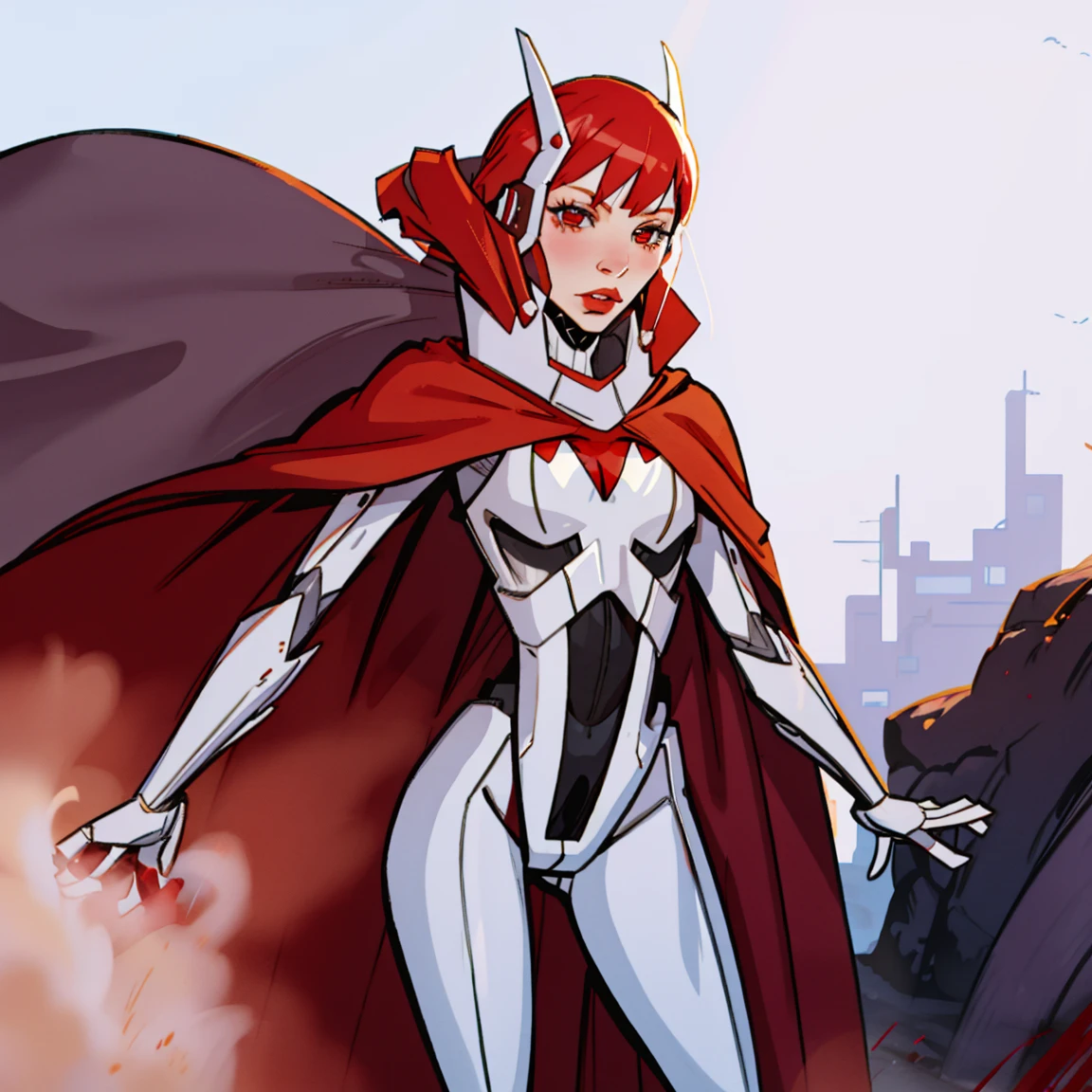 Jenny Wakerman, blood red cape, white backgroumd, standing, white metal, white, blood red cape, red cape, Jenny(XJ9), blue hair