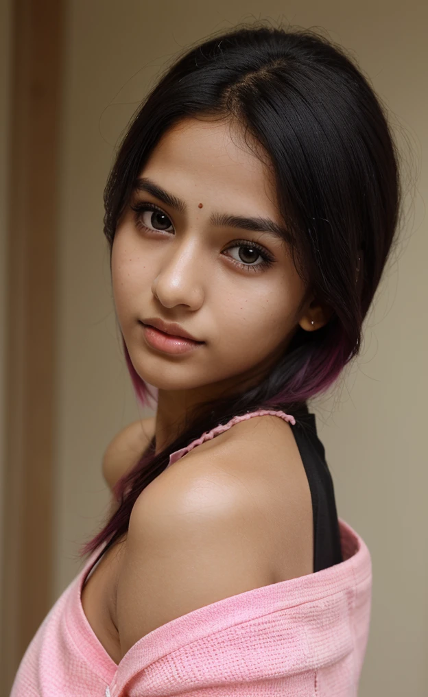 1 girl, Alone, ,  long sleep outfit , looking at viewer, exposed bare shoulders, black color hair,((half-body view:1.5)), ((close-up)), ((17 years old)), she is 17 years old)), indian girl. 17 year old Indian girl, ((big forehead:1.3)),  ((shiny lips:1.1)),  , beautiful hot indian 17 years old girl, ((beautiful attractive expression)), ((beautiful girl),  ((seductive expression)),, focus on subject, ((white skin:1.2)), ((black hair)), (( pink hair))