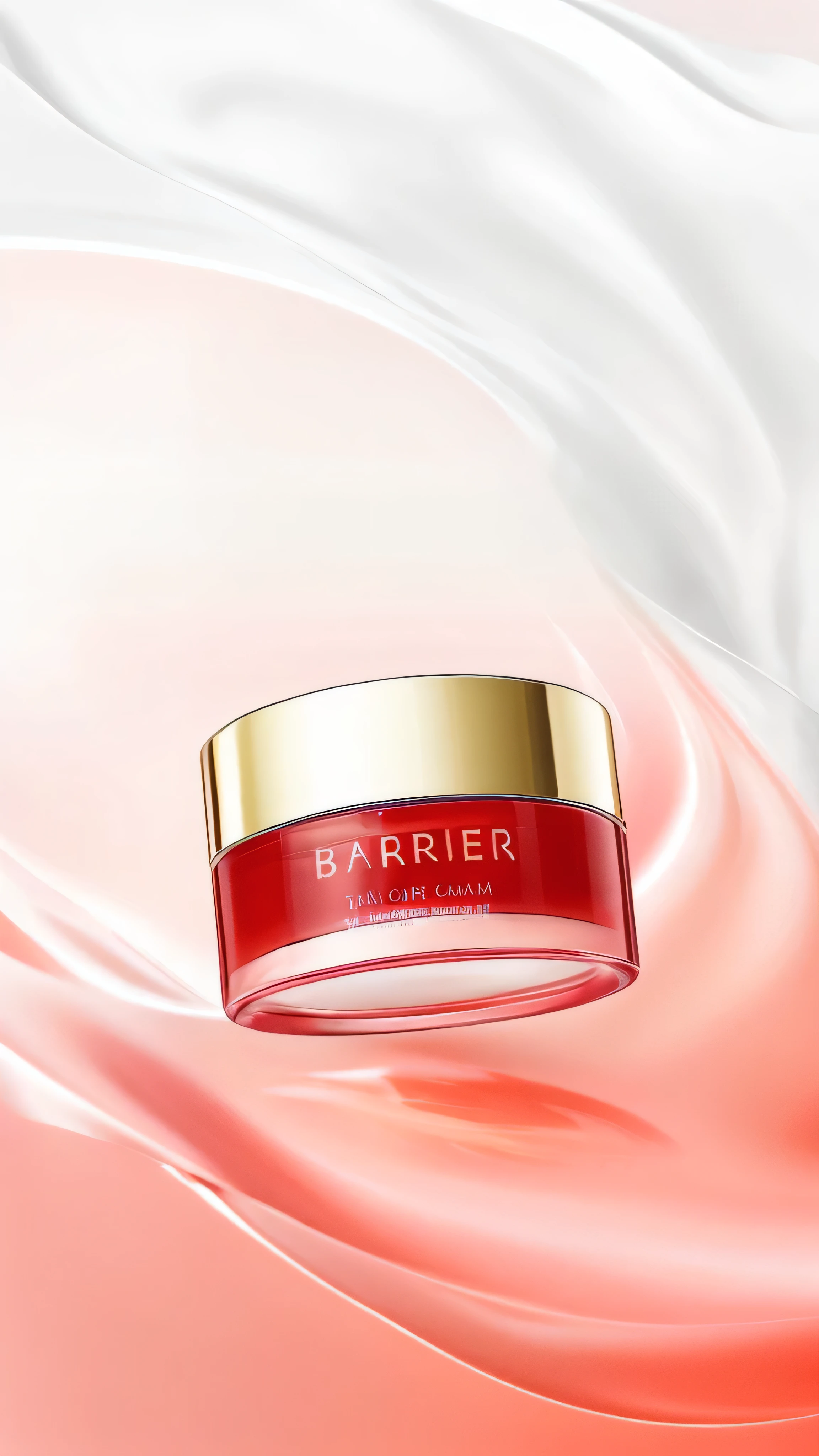 Close-up of a jar of red cream on white and pink background, barrier integrity, barbara hammer 4k, boundary, skin care, Face, author:Gabriel?, Inspired by Saper Balan, boundarys, skin care, darken, scarlet, 💋 💄 👠 👗, Clear and smooth lines, by Brigette Balague, Surrealism