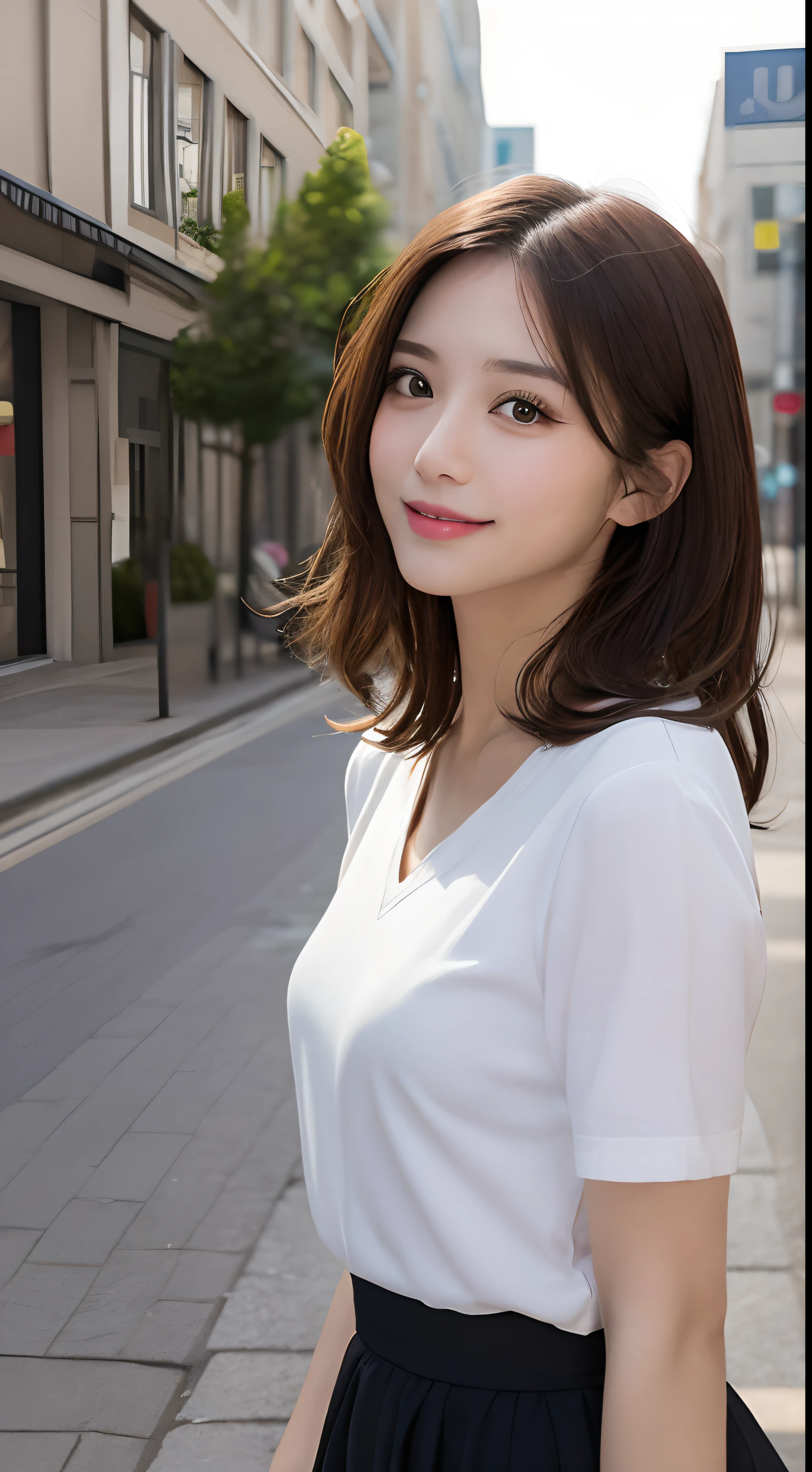 masutepiece, Best Quality, Illustration, Ultra-detailed, finely detail, hight resolution, 8K Wallpaper, Perfect dynamic composition, Beautiful detailed eyes, doress,Medium Hair, mid-chest, Natural Color Lip, Random and sexy poses,Smile,Aoyama Street Walk、20 years girl
