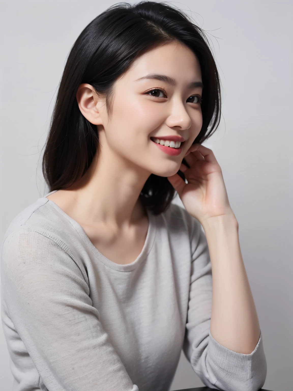 masterpiece、highest quality、((white wall))、((simple background))、1 girl、(Upper body)、(black eyes)、Diagonal angle、[[profile]]、smile、white teeth、medium hair、(black hair)、Fashionable、(grey Clothes)