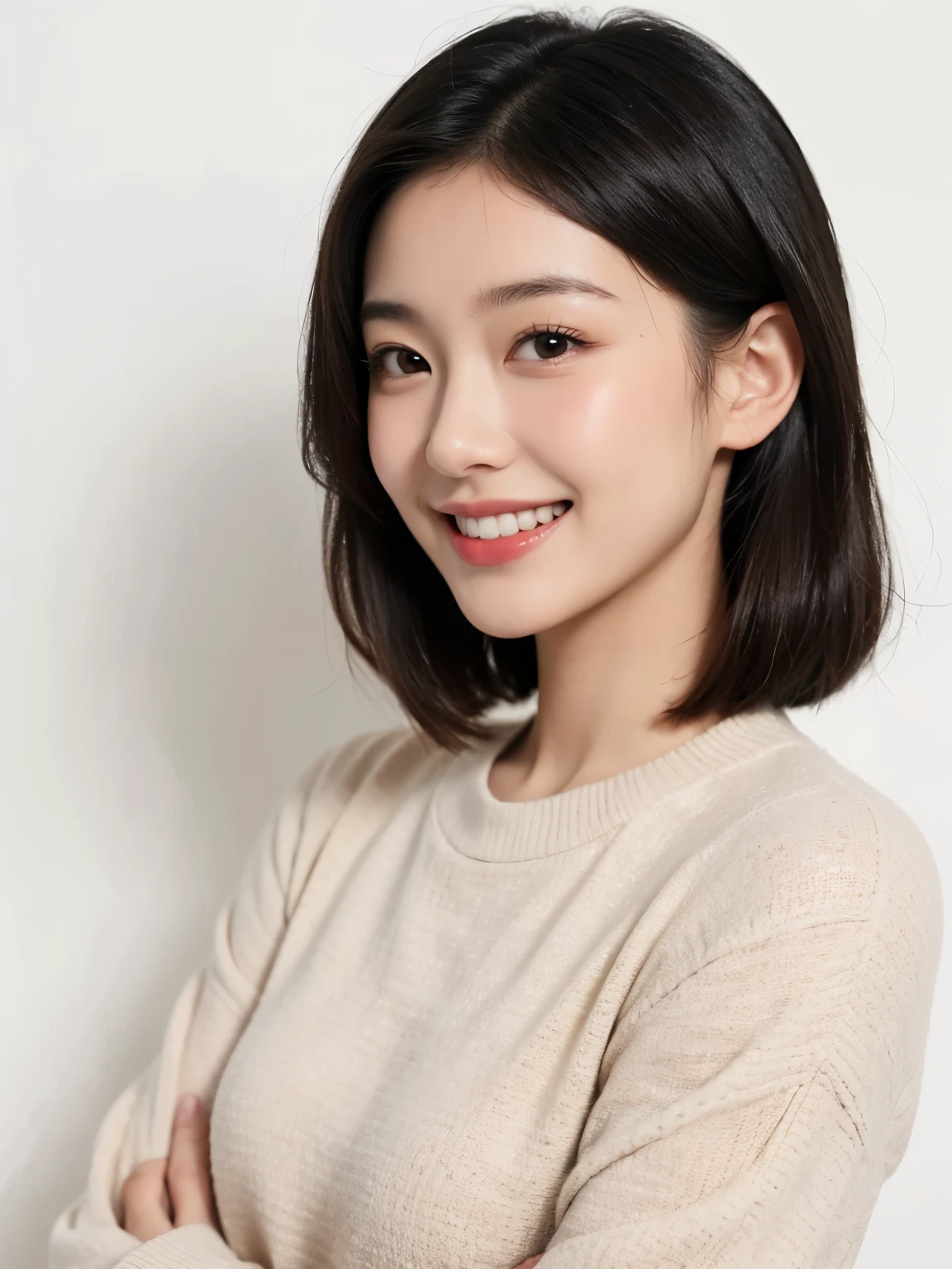 masterpiece、highest quality、zoomout、((white wall))、((simple background))、1 girl、(Upper body)、(black eyes)、Diagonal angle、[[profile]]、smile、white teeth、medium hair、(black hair)、Fashionable、long sleeve、(Beige clothes)