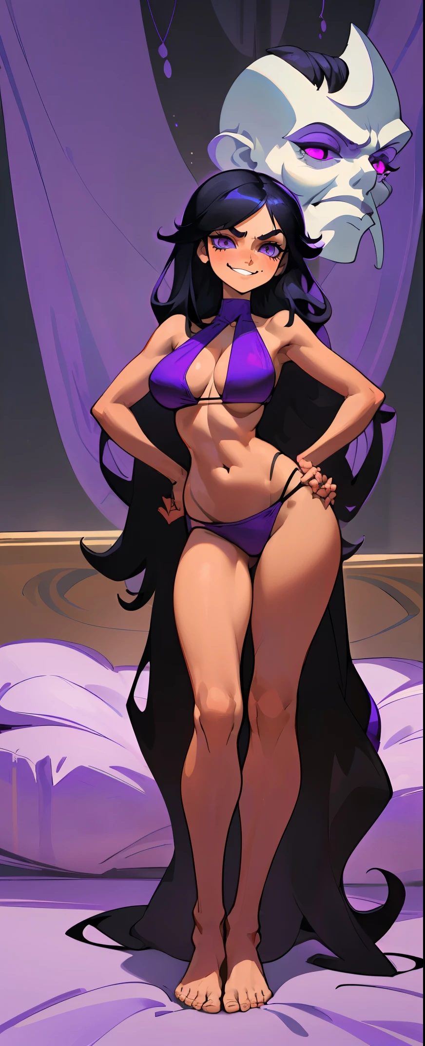 1 girl, Tan , long black hair , conjunctivitis, villain , Purple bikini , sly face., Sly smile, big breasts, Barefoot , full body, stand on your hips, Stand up straight.. , Guest Room