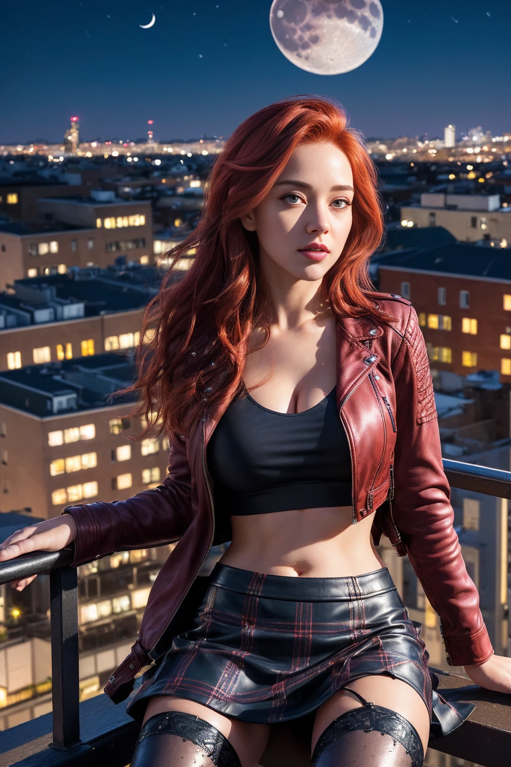 masterpiece, best quality, ultra-detailed, (photorealistic:1.4), illustration,(1girl) scarlet hair, beautiful detailed eyes, rooftop, (night:1.2), moon, (from above:1.1), leaning against railing, cityscape, cinematic lights, bokeh, leather jacket, midriff, crop top, plaid skirt, pantyhose, heeled boots