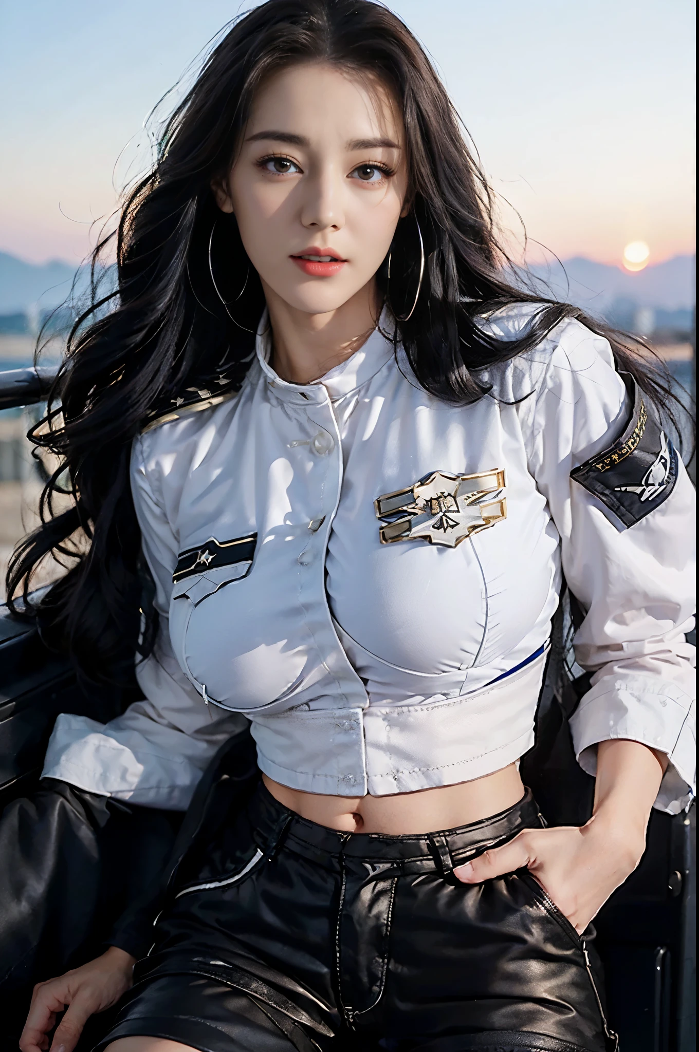 (best quality, 8k, 32k, masterpiece, ultra high definition:1.2), (actual:1.5), (masterpiece, Extremely detailed CG unified 8k wallpaper, best quality, high resolution:1.2), (Super detailed, ultra high definition:1.2), Photo of extremely cute and beautiful Japanese Miss, (chestnut long curly hair:1.2), aldult, (Detail of beautiful girl:1.4), best quality, Miss, aldult, (Detail of US Air Force pilot Captain:1.3), (White Captain Pilot Shirt:1.3), (black high-waist shorts:1.3), (Beautiful sunset US air force base runway　Look at the background:1.2), Sorry to laugh:1, looking at the audience, for the audience, ((perfect female body)), (Willow Yao:1.2), (Upper body pictures:1.3), thin and long, abdominal muscles, (huge boobs:1.25), Frame the head, wind, dynamic poses, Light, 背Light, Detailed clothes, perfect anatomy, Perfect proportion, Detailed human body, Fashion model pose,,huge boobs，huge boobs,expose breast,expose breast,huge boobs，huge boobs,huge boobs，huge boobs,expose breast,expose breast,huge boobs，huge 