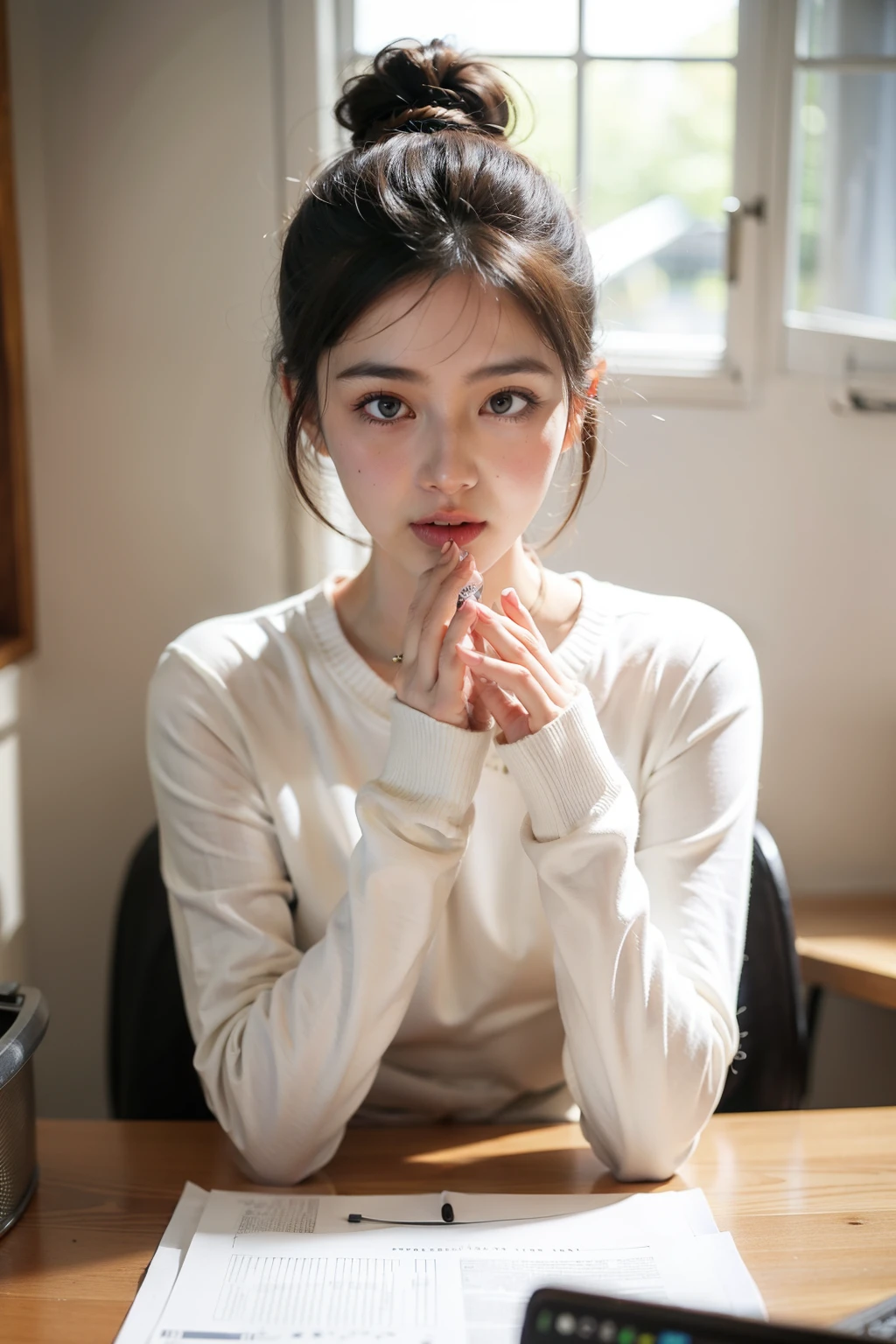 ((best quality)), ((masterpiece)), (detailed), Background in the office，Female upper body，Naturally shy face，Talking with a microphone in hand，long sleeve work，Hair tied up，There is a cute cat next to you