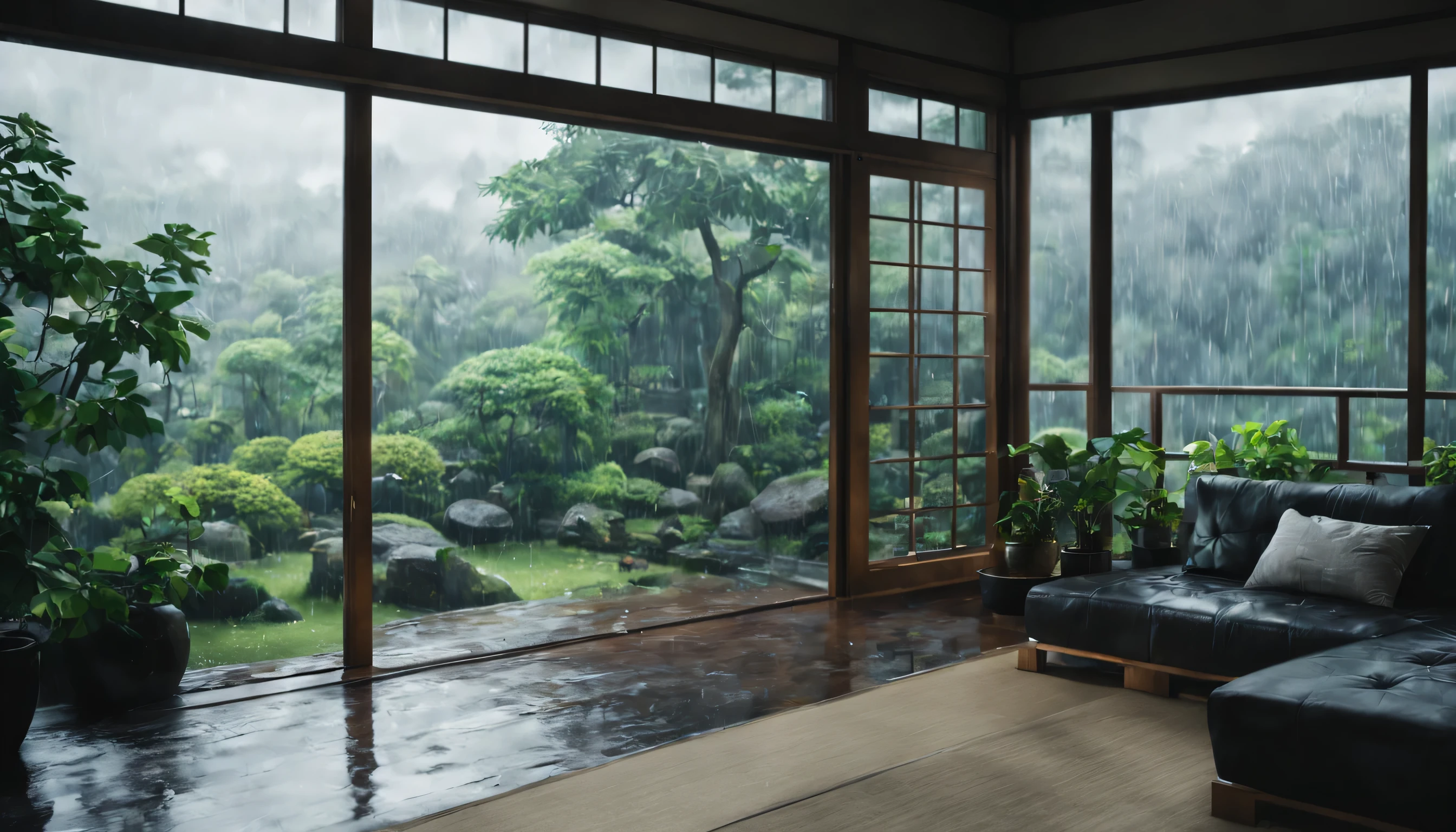 cinematic photo of living room with garden view , japan style, perfect lighting, vibrant, high detailed, epic, movie still, film grain, rain outside, wet day, 4k