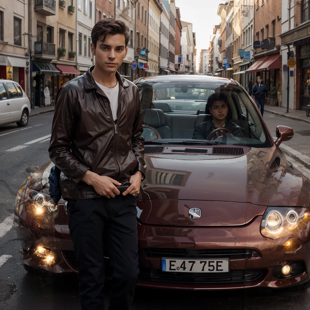 boy with a car drink red wine street futuris tic background realistic