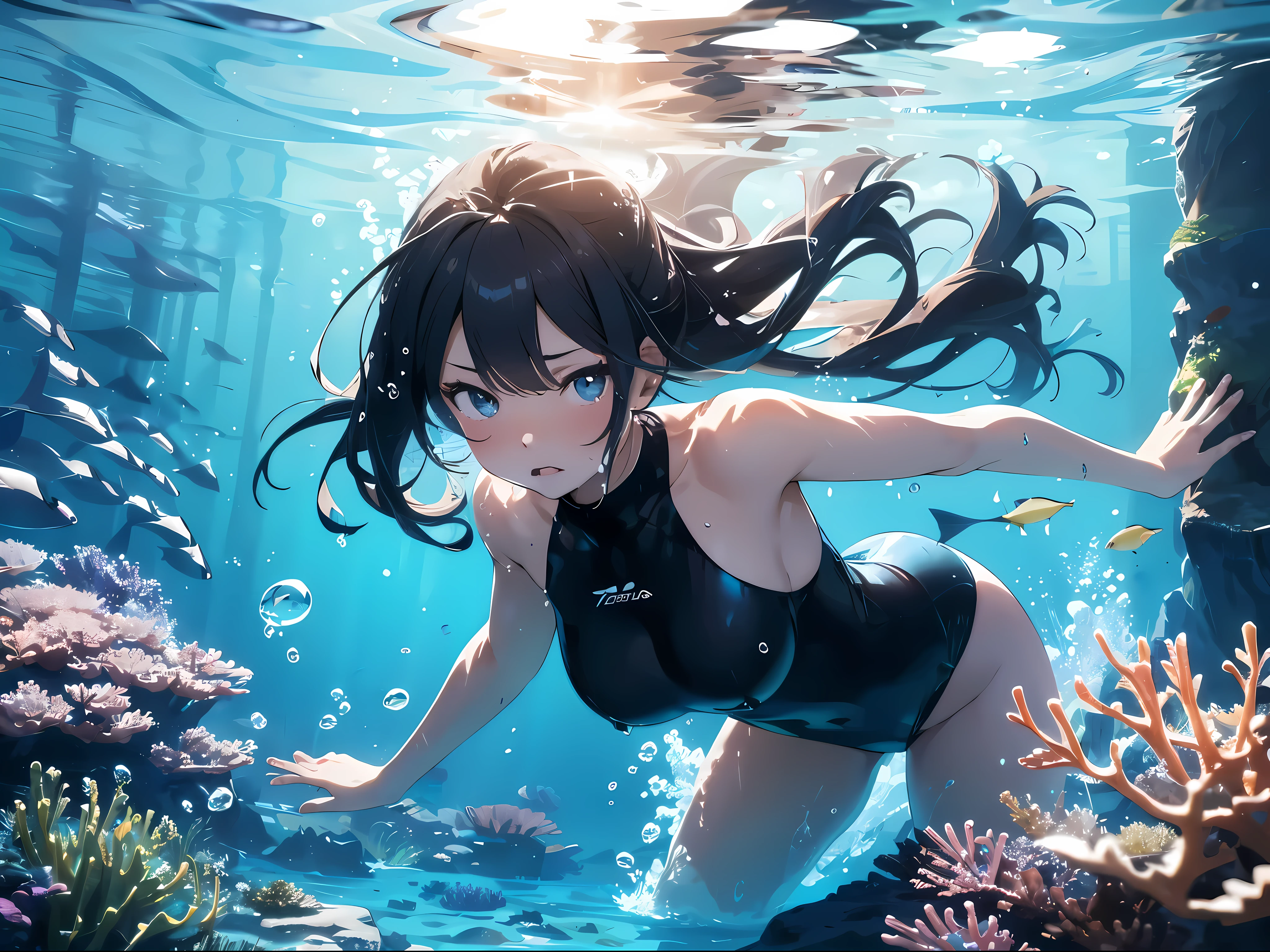 Anime style images, ((underwater)), Some bubbles, The underwater scene is filled with vibrant light patterns from the sun,