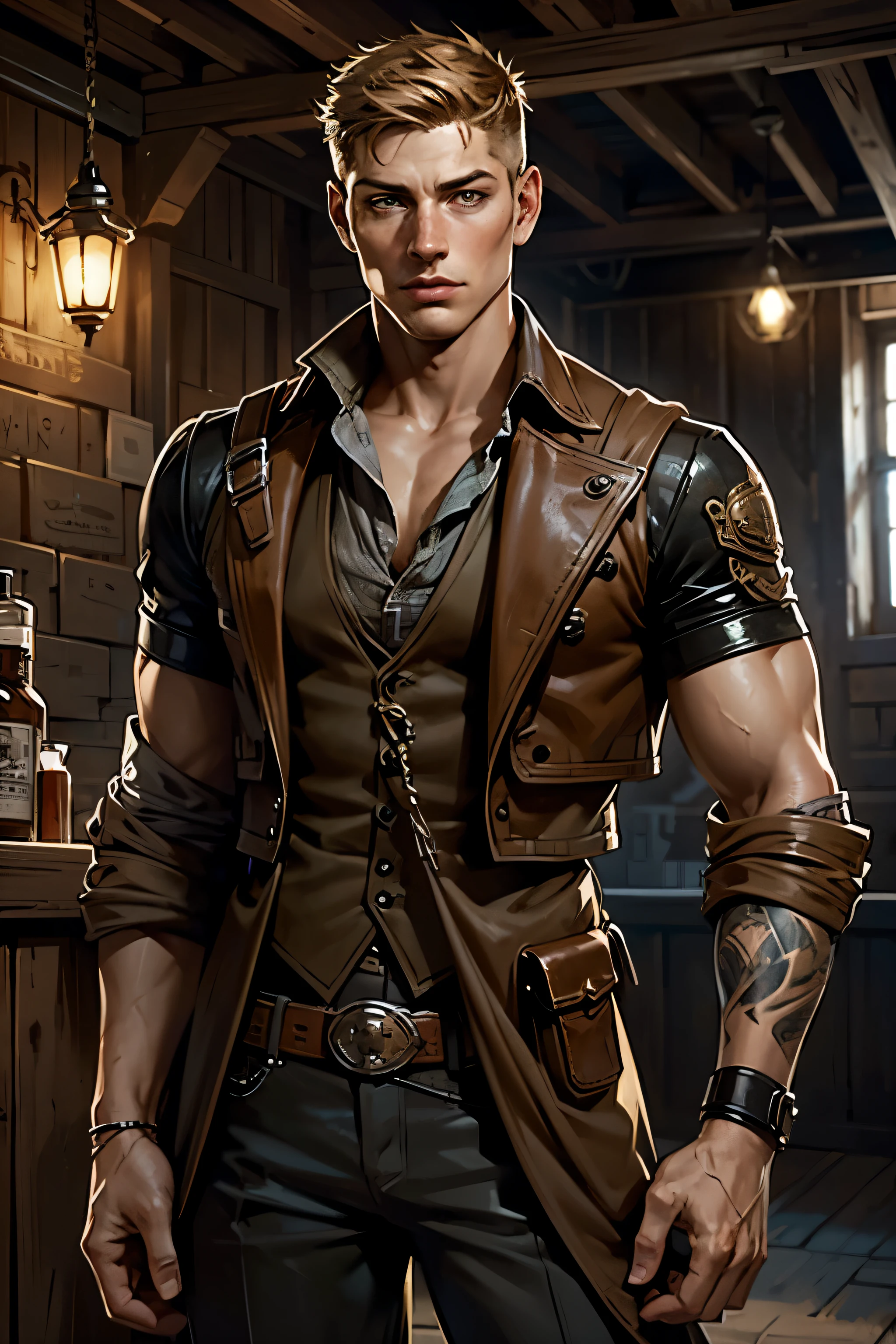 fantasy steampunk, a young attractive man, brush cut, freckles, pale eyes, tan skin, smirk on face, black tattoo on hands, look like Soldier Boy from The Boys, look like Jensen Ackles, two revolvers in a leather holster, cowboy clothes, steampunk cowboy style in clothes, Western fantasy style
