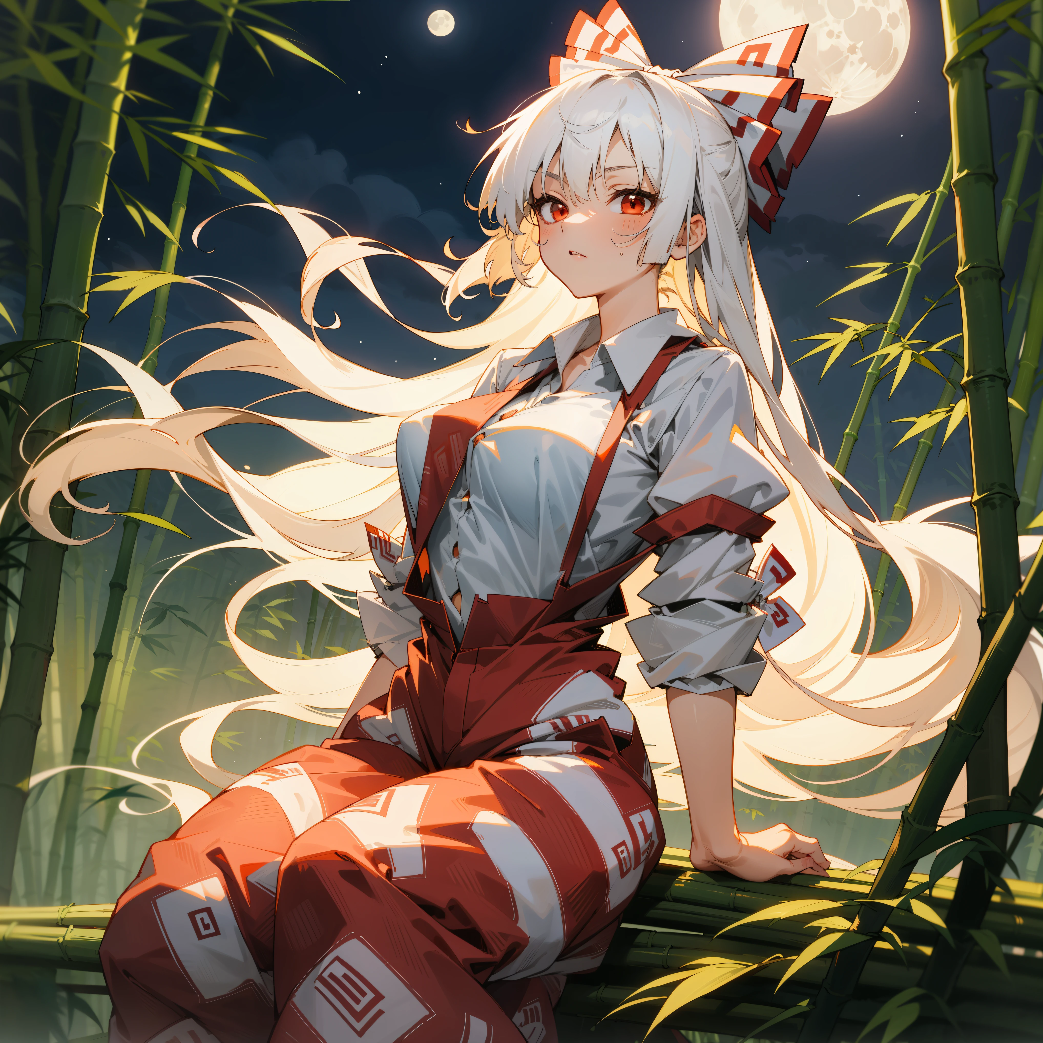 Fujiwara no Mokou(from Touhou) in bamboo forest. She has big tits. She has white hair, red eyes. She's wearing a white shirt, sit, night, hair ribbons, moon, perfect anatomy, moon