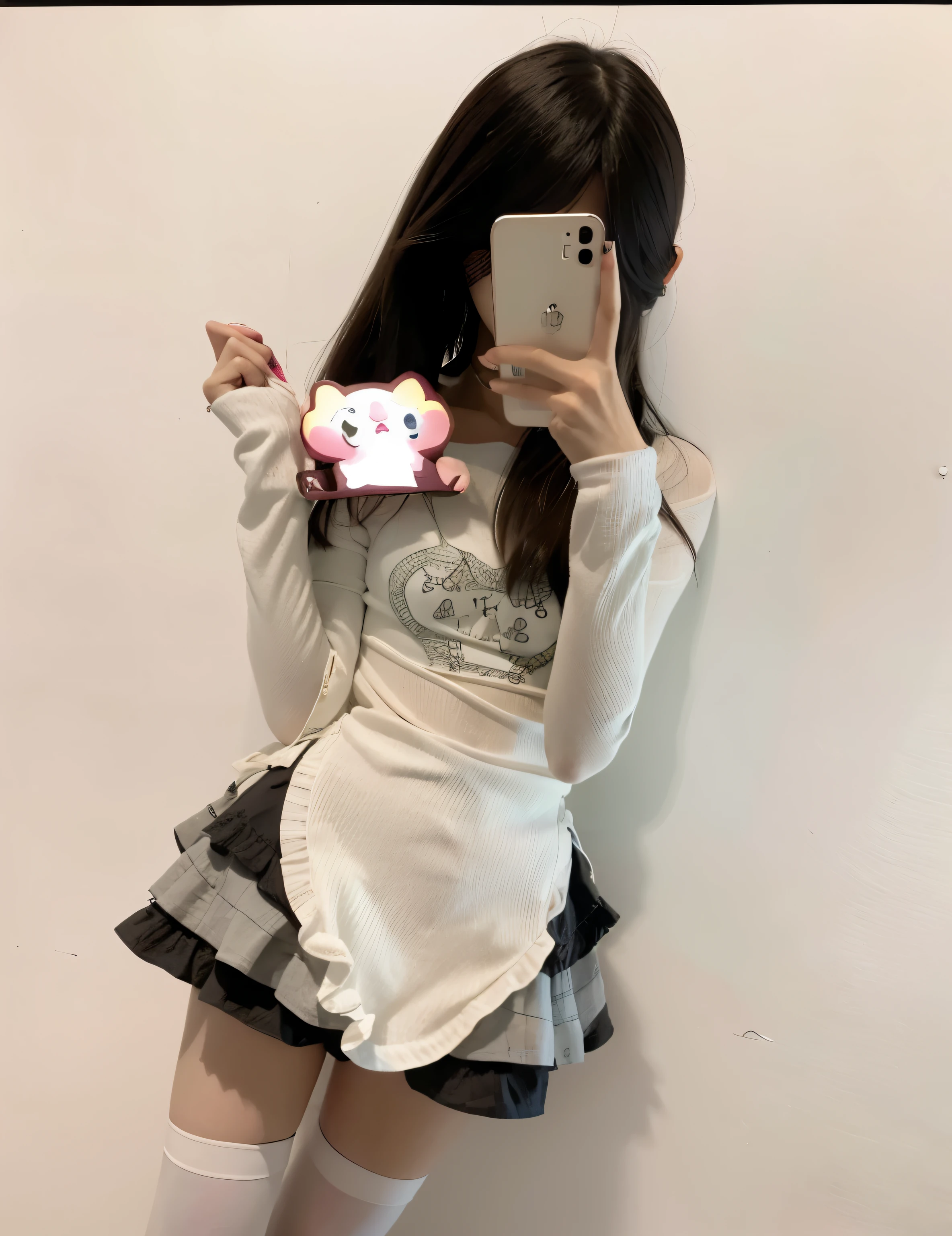 Araf girl in white shirt and skirt holding mobile phone, and 2K Lovely core clowncore, ahegao, Urzan, Lovely core, Millennium bug, and 2K, Samu rice paste, Change, 🪔 🎨;🌞🌄, outfit photograph, Chiho, charming, Shikami