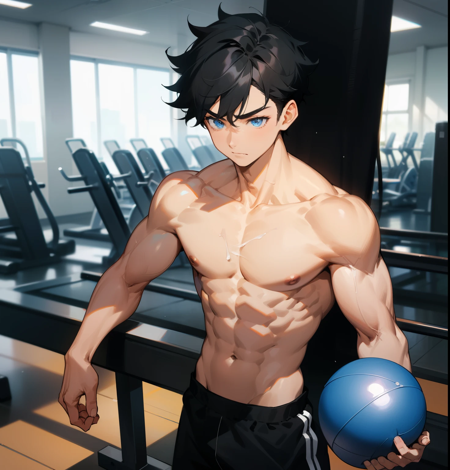 1boy, black hair, blue eyes, super muscular, shirtless, in gym, girl at his side