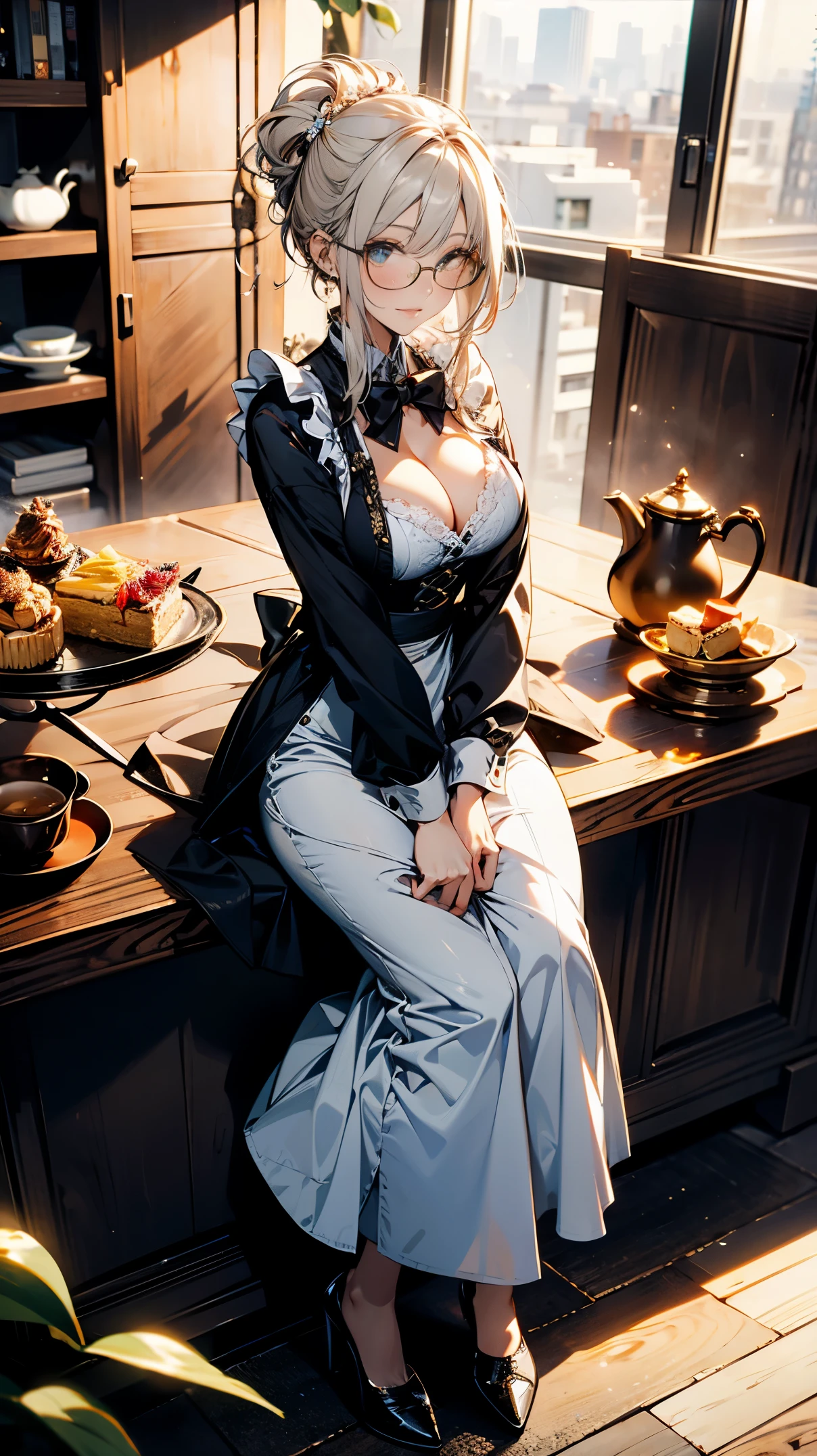 (best quality, masterpiece), (ultra high resolution, 8K RAW photo, photo realistics:1.5, textile shading, thin outline, clear focus:1.2), Beautuful Matured woman preparing an afternoon_tea_party in the garden, standing by the round table, (meisen's tea set, tea pot, tea cups, some cakes on dish), delicate and classy gothic style white table, wearing light_brown maid uniform, breast cleavage, maid costume:1.2, long flare skirts, apron, bow ties on the chest, long tall sally, long legs, white hair, (wearing thin-flame glasses:1.2), (milf:1.5, 28 years old, solo), (large breast, sagging breast, big tits, narrow waist), (medium short white hair, hair over one eye, (updo hair:1.2), side lock, asymmetric hair, wavy hair), (bright pupils, detailed eyes, high detailed face, Perfect face shape, eye rush), (seductitve smiling, half-closing eyes), (looking at viewers:1.3), (dynamic angle, full body, from above:1.2), ((correct anatomy:1.5, correct hands)), (ideal ratio of body proportions), (outdoor:1.2, grass field),