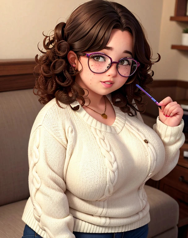 Chubby girl, glasses, curly hair, big breasts, wearing sweater, freckles