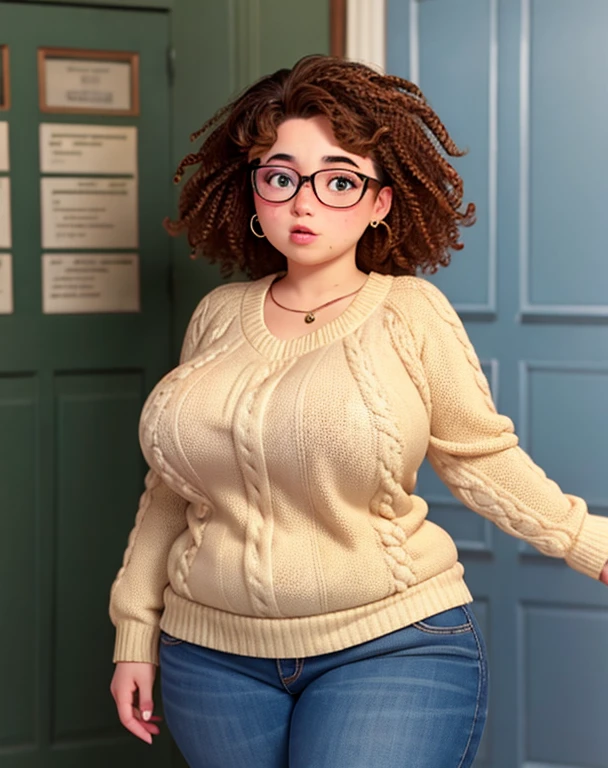 Chubby girl, glasses, curly hair, big breasts, wearing sweater, freckles