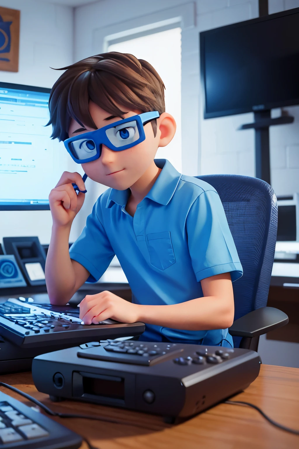 Photo of a guy student programming a game at the computer, the background can be made in technological shades, blue, фиолетовый или темно-blue. Adding Elements, programming related (code icons, computers) and game design elements (controllers, pixel icons).