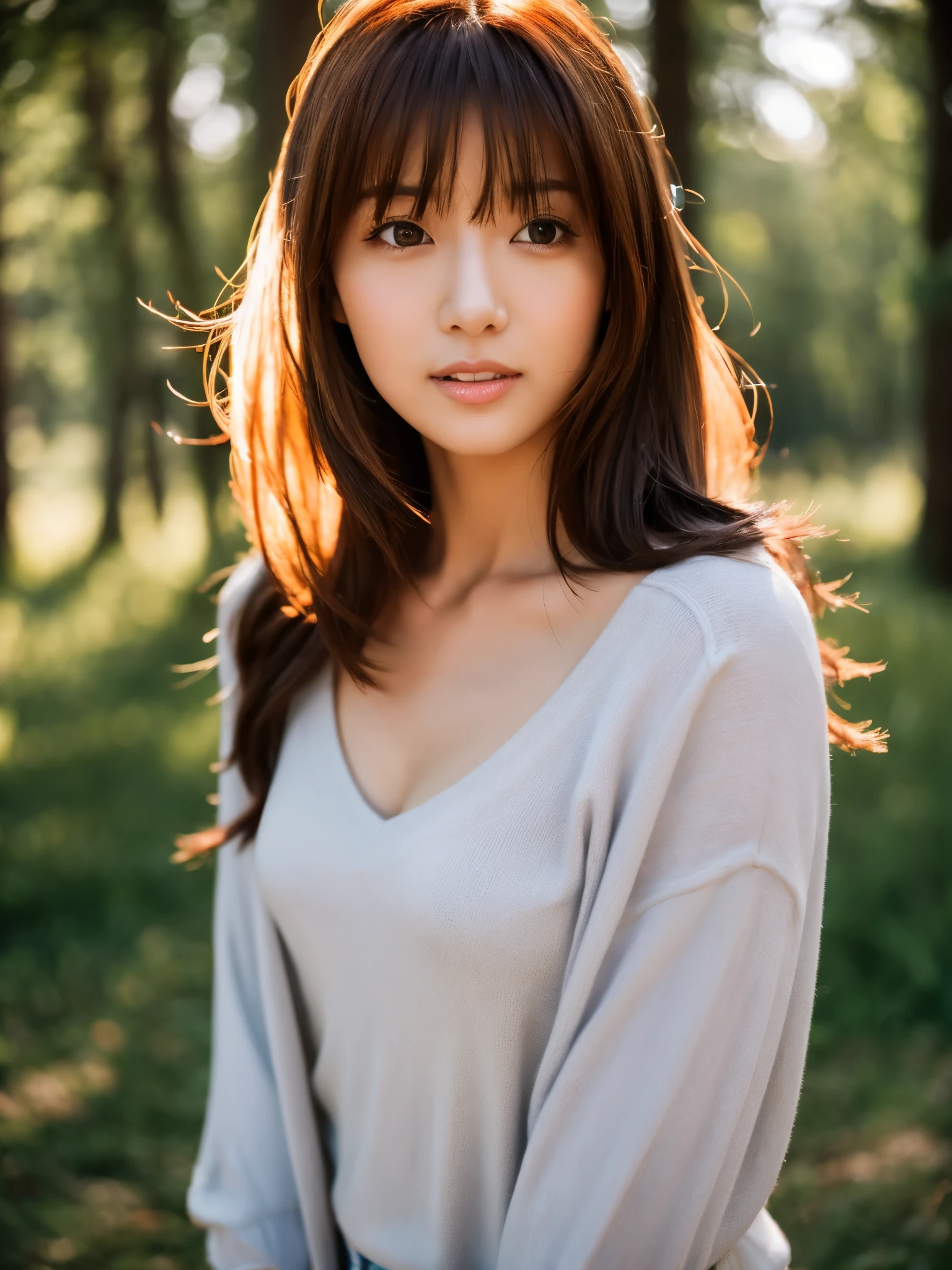 Women in Japan、Wear a thin shirt，In the forest，bare-legged，posing in the。 Happy smile、One lady、

((top-quality、8K、​masterpiece:1.3))、foco nítido:1.2、Highly detailed facial and skin texture、  A detailed eye、二重まぶた、tshirts、a miniskirt、warm colors