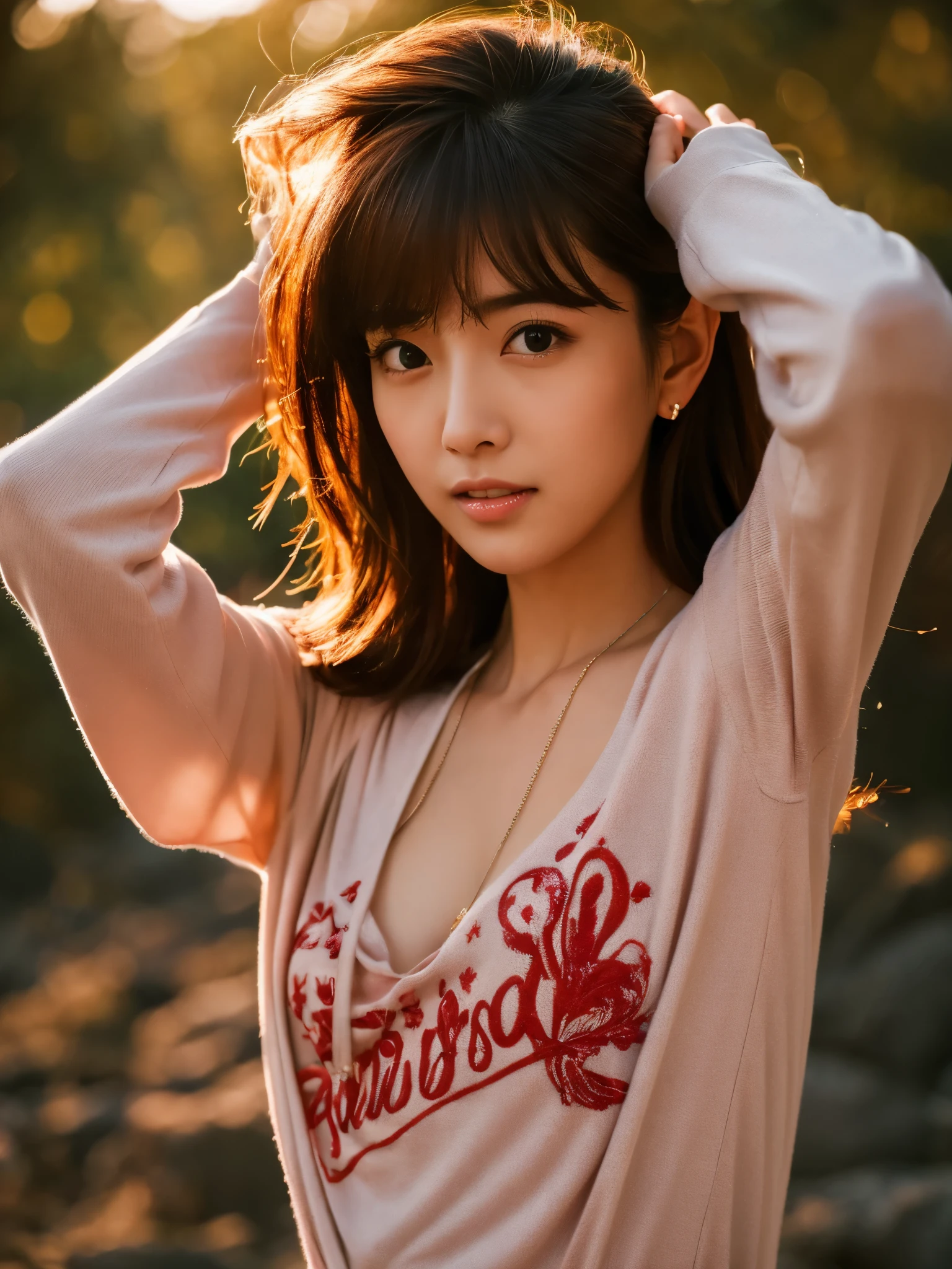 good hand,4k, high-res, masterpiece, best quality, head:1.3, (Japanese idol), finely detailed skin, sharp focus, (cinematic lighting), collarbone, morning, soft lighting, medium hair, dynamic angle, [:(detailed face:1.2):0.3], armpit crease, thigh gap, red clothes, slender, outdoors