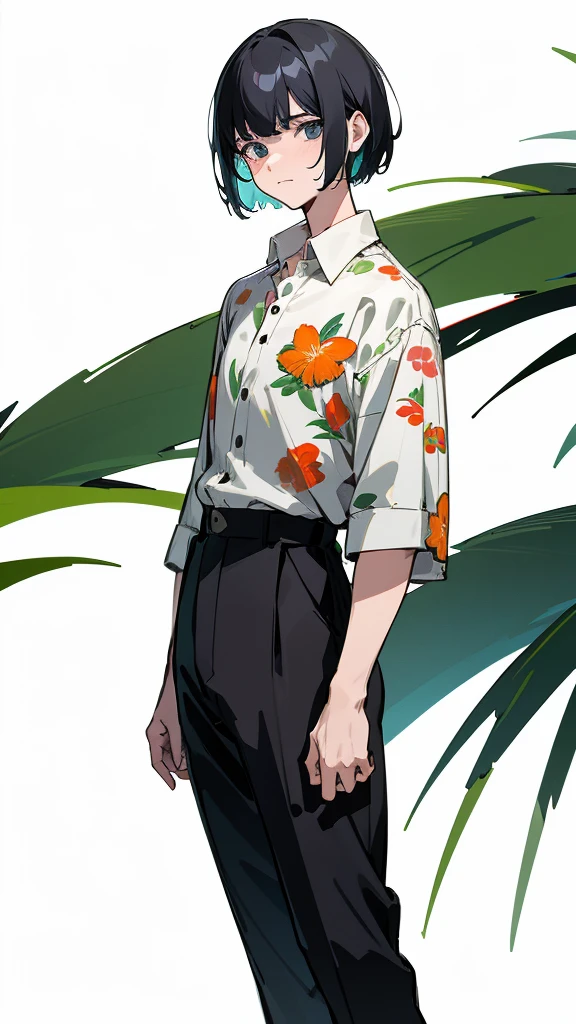 illustration, 2.5D, flat colors: 1.3, Line-Art, black and white, (detailed lights, detailed shadows),a man in a white shirt and black pants standing, with hawaiian shirt, dries van noten, elegant tropical prints, intriguing outfit, absolutely gorgeous, loosely cropped, supple look, inspired by Alexander Mann, graphic print, by Vadym Meller, by Silvia Pelissero, very , very appealing, look, by Alexander Mann, hawaiian shirt((modern clothes)) Looking at the viewer , looking at camera, short hair situation