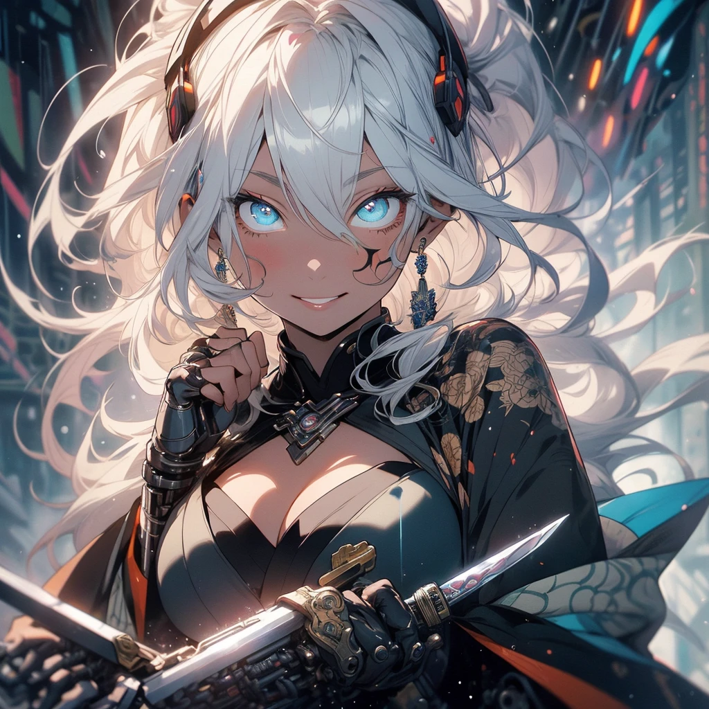(((highest quality))),(((detailed eyes))),(((32k))),(1 girl),flashyな色の髪,(tattoo),(cyber punk),kimono,((Luxurious and gorgeous)),Shiny skin,earrings,flashy,((Super beautiful woman)),(perfect face),Japanese sword,ultimate texture,official art,Ukiyo-e,stylish,photograph,perfect body,smile,Bewitching,Highest image quality,Super clear,real,fantasy,(Near the future),ninja,((perfect eyes)),big breasts,((cleavage)),highlight,挑発的なsmile,stick out tongue,split tongue,((mechanical)),mandala,Pouring rain,Majestic,apotheosis,