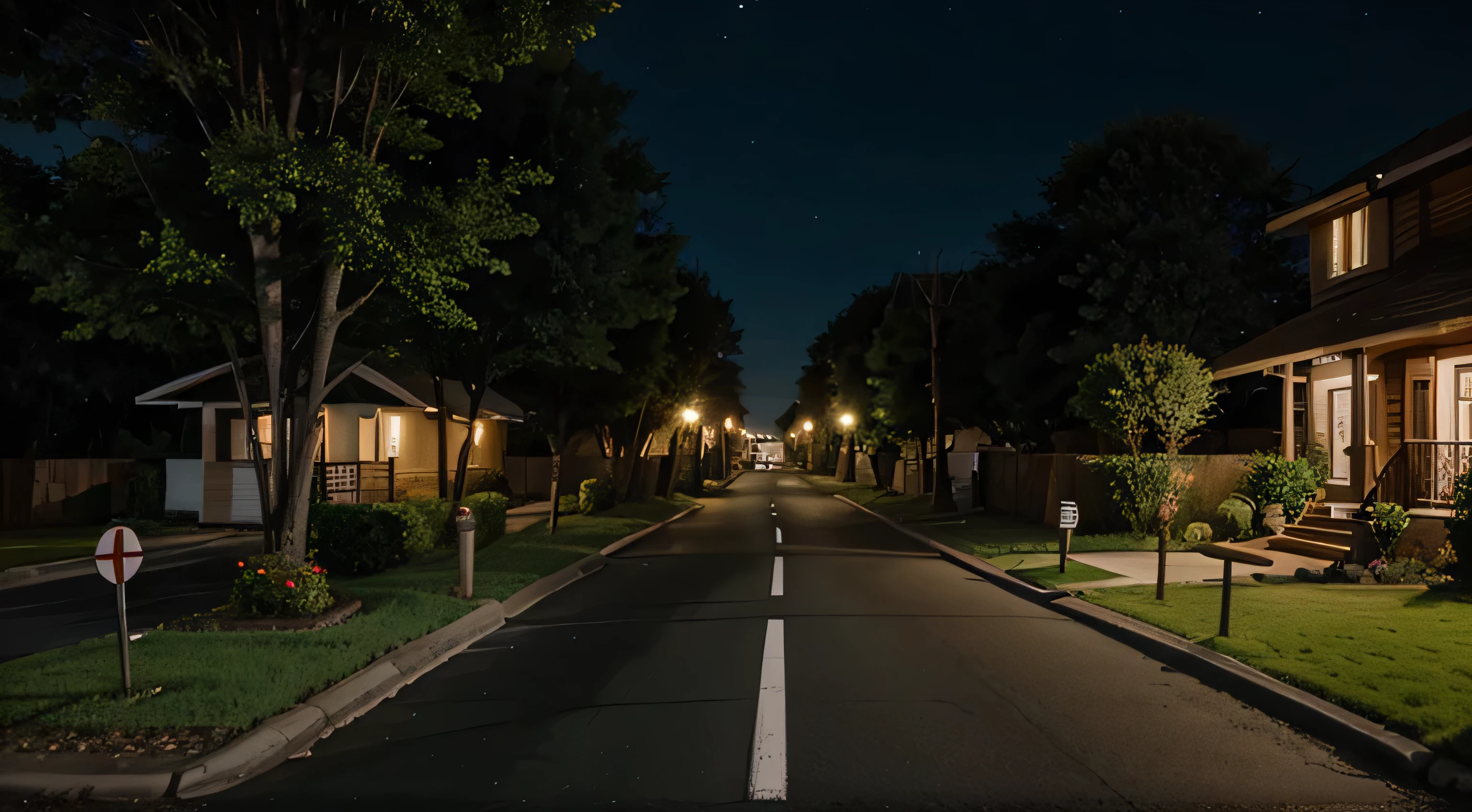 road near house, at night, cartoon style