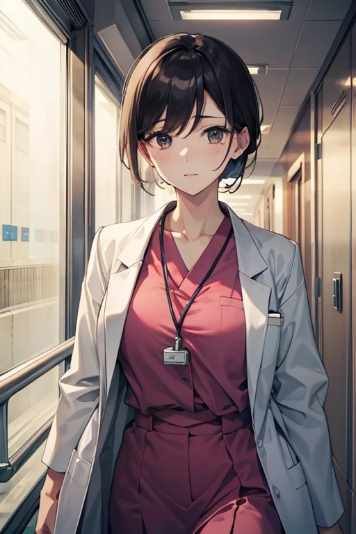 beautiful mature woman、doctor、hospital、corridor、Upper body、running
