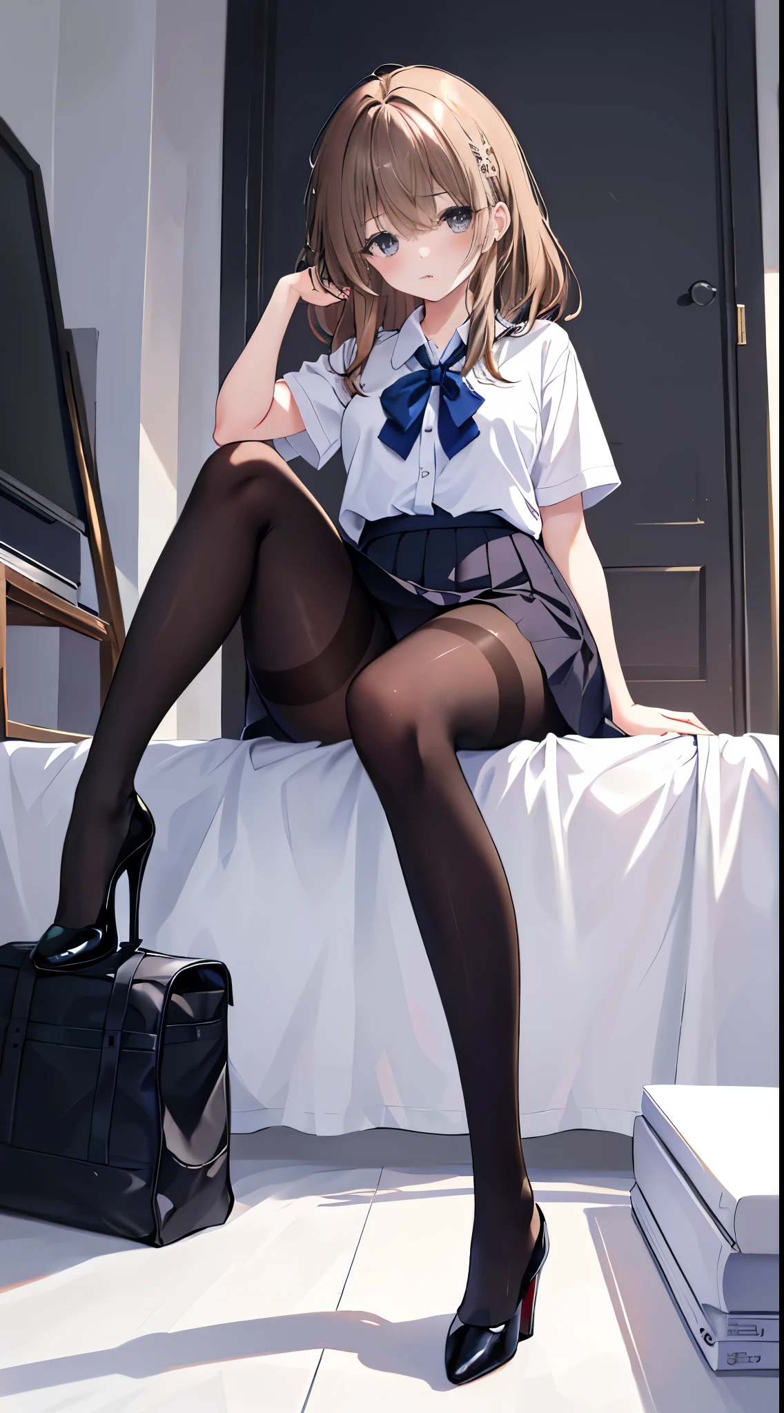 finest, masterpiece, High resolution, (whole body), front, frontやや下からの構図, symmetry, 18 year old girl, alone, (whole body from head to toe), small breasts, long hair, brown hair, slightly messy hair, bangs, (black tights), ( (black pantyhose), black pantyhose, sitting, composition show me your white panties, slender beautiful foot, とても美しい18 year old girl (navy high heels) foot), blush, shy big eyes, messy hair, looking at camera, show me your white panties, dark blue office lady uniform, pencil skirt
