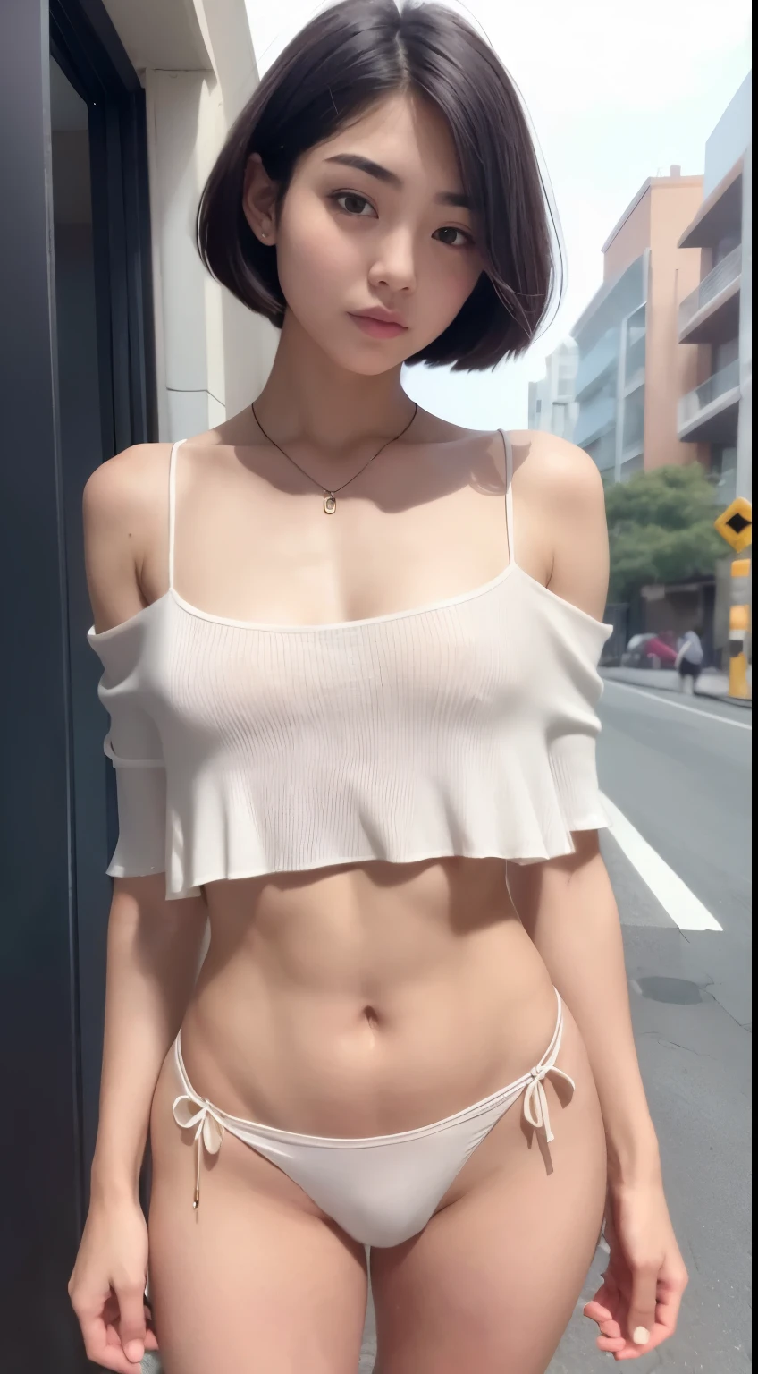 Boy's chest、woman body、Beautiful face like a woman、Large bulging crotch、Body without breasts、 body without muscles、very flat、very flat胸、very thin breasts、thin breasts without very bulge,,,,,,、beautiful boy with a slender body、Because I'm slender、Narrow waist、supple body、Women's clothing for men、beautiful boy with bob hair、beautiful boy、beautiful boy、in the street、armpit、compensate、Stand in off-shoulder ruffled trim blouse and mini flared skirt