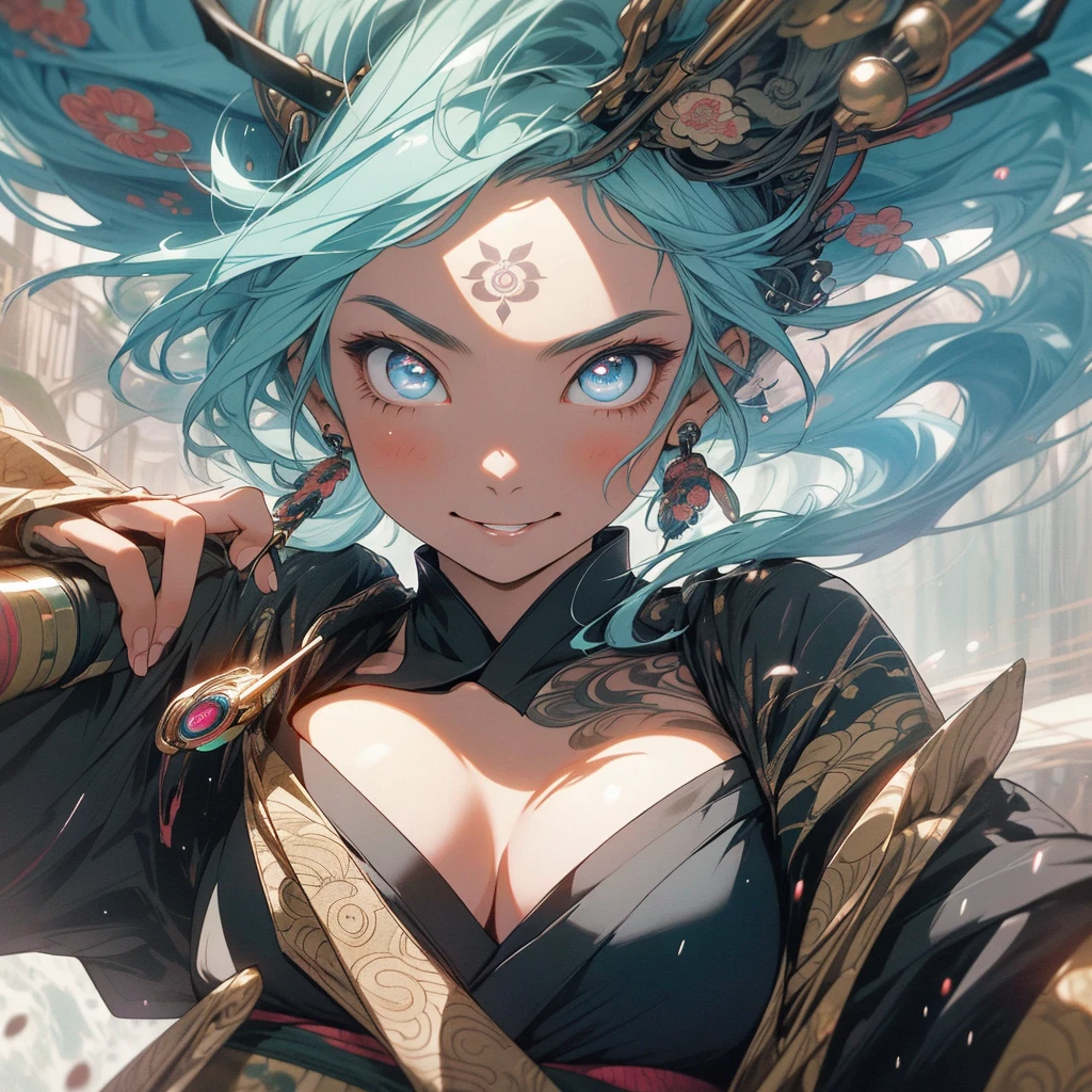 (((highest quality))),(((detailed eyes))),(((32k))),(1 girl),flashyな色の髪,(tattoo),cyber punk,kimono,((Luxurious and gorgeous)),Shiny skin,earrings,flashy,((Super beautiful woman)),(perfect face),Japanese sword,ultimate texture,official art,Ukiyo-e,((stylish)),photograph,perfect body,smile,Bewitching,Highest image quality,Super clear,real,fantasy,(Near the future),ninja,((perfect eyes)),big breasts,((cleavage)),highlight,挑発的なsmile,stick out tongue,split tongue,mechanical,mandala,Pouring rain,Majestic,apotheosis,