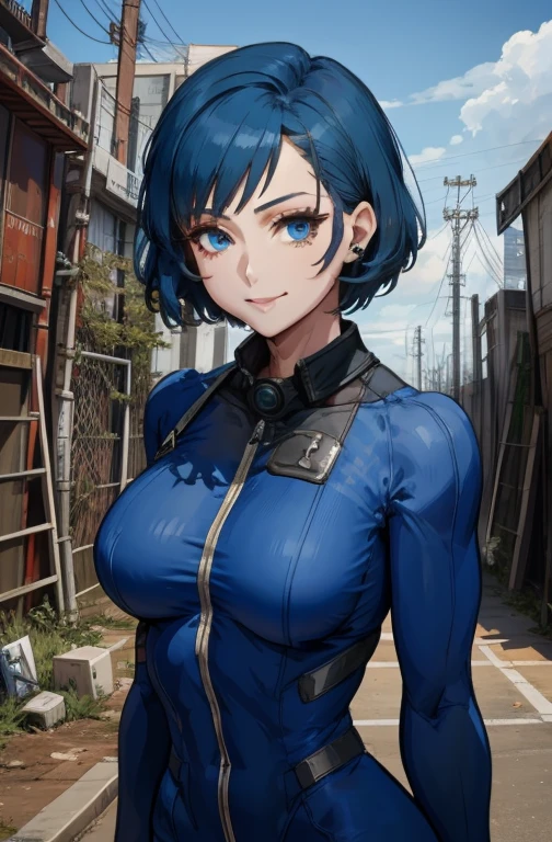 Ami Mizuno, short hair, bleu hair, blue eyes, smile,  
blue bodysuit, 13
standing, upper body, 
underground vault, clean, fallout 4,  
(insanely detailed, beautiful detailed face, masterpiece, best quality),  