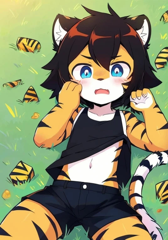 Kids boy，whaite hair，hairy pubic，Dark blue pupils，There are strange spots，astonishment，Touch your face，Black  shorts，（（no top dress）），being thin，Little Wolf，Small fresh，grassy fields，Tiger Tooth，Handsome，Shota