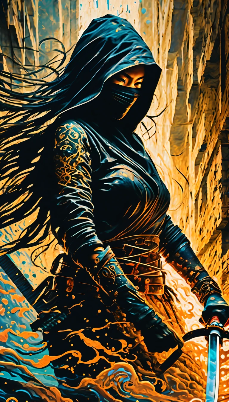 intricate detailed of realistic illustration, mysterious depths of dark fantasy ninja female, fearsome black shadow, a short katana tightly gripped, creative battle pose, sleek and powerful form, intense eyes, raise an eyebrow, ninja mask, on intertwines elegance graffiti explosion, decay rays of light filter through the water, revealing the remnants of long-lost civilization, lie down building, covered in the scars of time, haunting image, colossal back shadow outside shadows, testament to the immense scale and danger of the expression, mesmerizing strength painting captures the essence of mythical battle, surroundings fear atmosphere, intricate details of forgotten grunge building, all of realm, captivated masterful detail, highly quality, tonal contrast,
