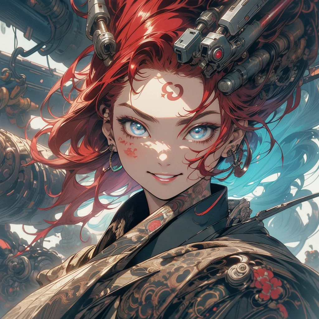 (((highest quality))),(((detailed eyes))),(((32k))),(1 girl),Red hair,(tattoo),(cyber punk),kimono,((Luxurious and gorgeous)),Shiny skin,earrings,flashy,((Super beautiful woman)),(perfect face),Japanese sword,ultimate texture,official art,Ukiyo-e,stylish,photograph,perfect body,smile,Bewitching,Highest image quality,distinct,real,fantasy,(Near the future),ninja,((perfect eyes)),big breasts,((cleavage)),highlight,挑発的なsmile,stick out tongue,split tongue,((mechanical)),inflammation,(steampunk),