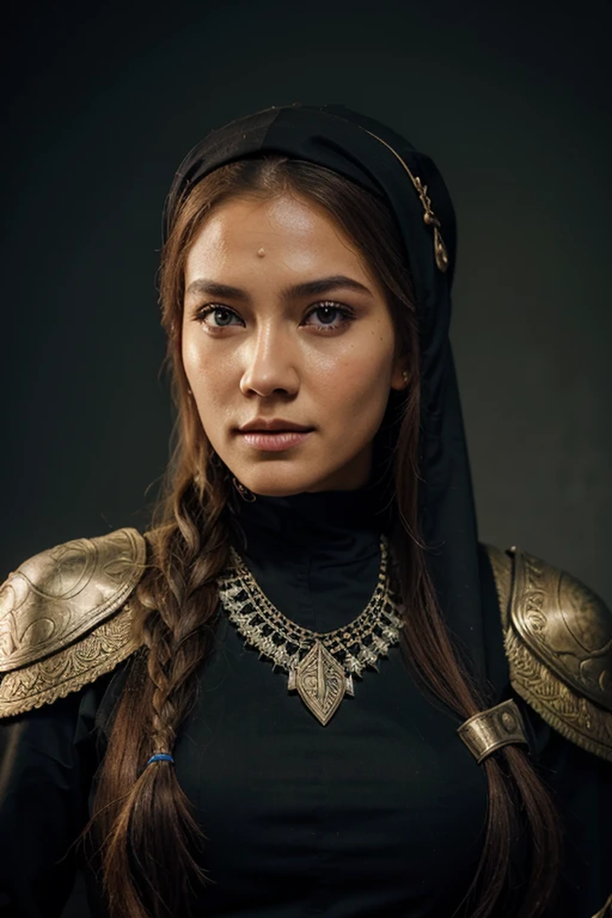 1girl, portrait of arabarmor, hijab, light smile, knight, metal shoulder armor, ornament, chest armored dress, red blush, black lips, long skirt, black gown, lace, ornate, black long sleeves, gloves, leather, <lora:ARWLolitaGothic:1>, ((best quality)), ((masterpiece)), ((realistic)), (detailed), dim light, bokeh, horror \(theme\), night, blue fog, mosque, orange light, dust, desert, <lora:ARWArabArmor:1>