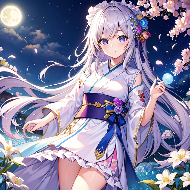 highest quality, expensive_solve, clear_image, detailed background ,girl, Hanbok,flower,garden,moon, night, fantasy