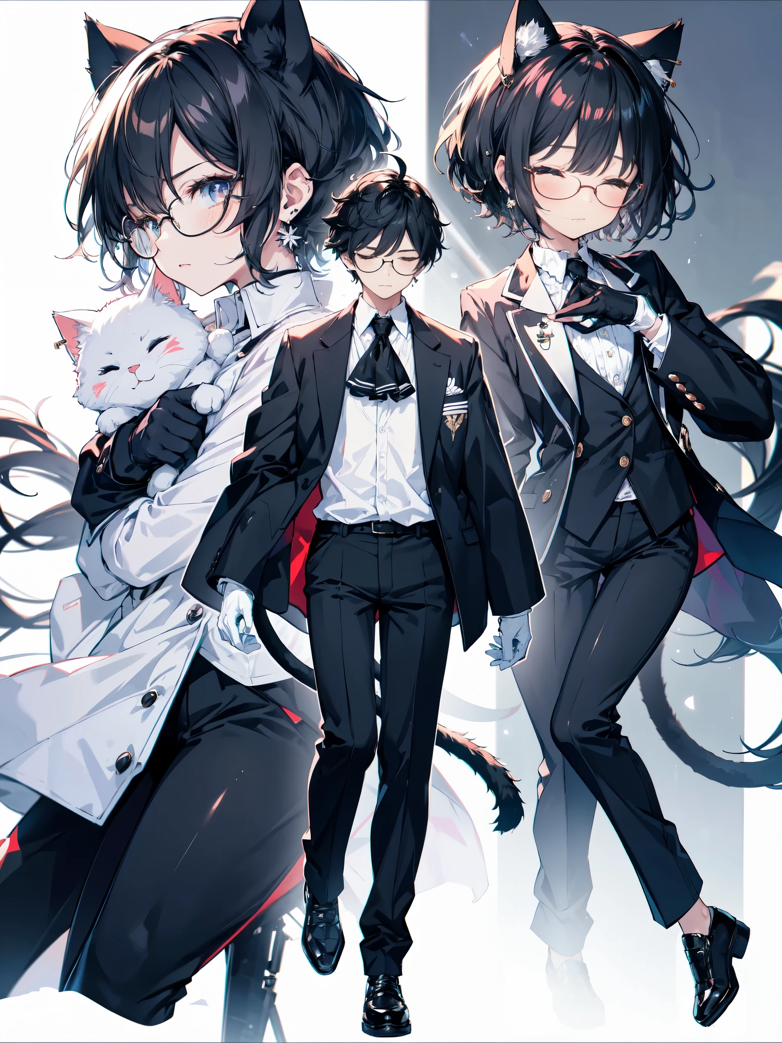 the characters are wearing black and white clothes and one carries a cat, 1boy, male focus, black pants, pants, cat, gloves, ascot, full body, black hair, white ascot, shirt, white background, white gloves, jewelry, black cat, short hair, multiple views, glasses, black footwear, white shirt, ahoge, simple background, eyewear strap, earrings, closed eyes, tail