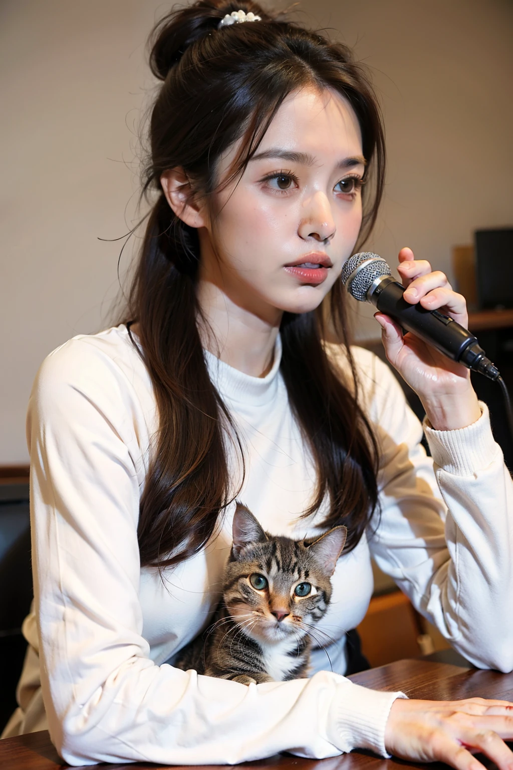 ((best quality)), ((masterpiece)), (detailed), Background in the office,Naturally shy face,Female holding a microphone and talking,long sleeve work,Hair tied up,There is a cute cat next to you