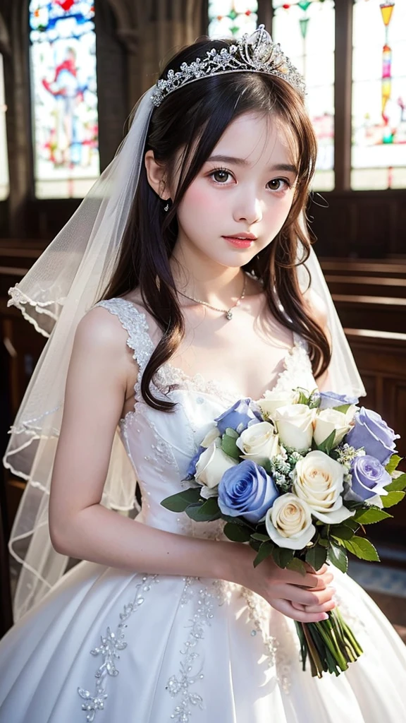 masterpiece，best quality，Beautiful vintage colors，An innocent and cute little girl，15 years old，Wedding dress，in church，Alone，Hand holding bouquet of blue roses，crystal crown，Light shines through the glass，blur background