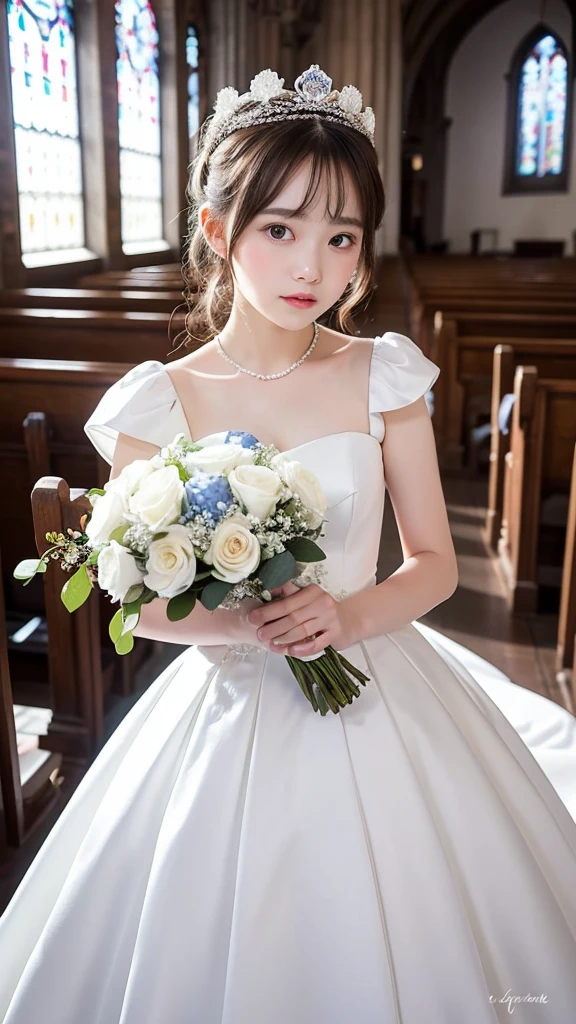 masterpiece，best quality，Beautiful vintage colors，An innocent and cute  girl，15 yeang dress，in church，Alone，Hand holding bouquet of blue roses，crystal crown，Light shines through the glass，blur background