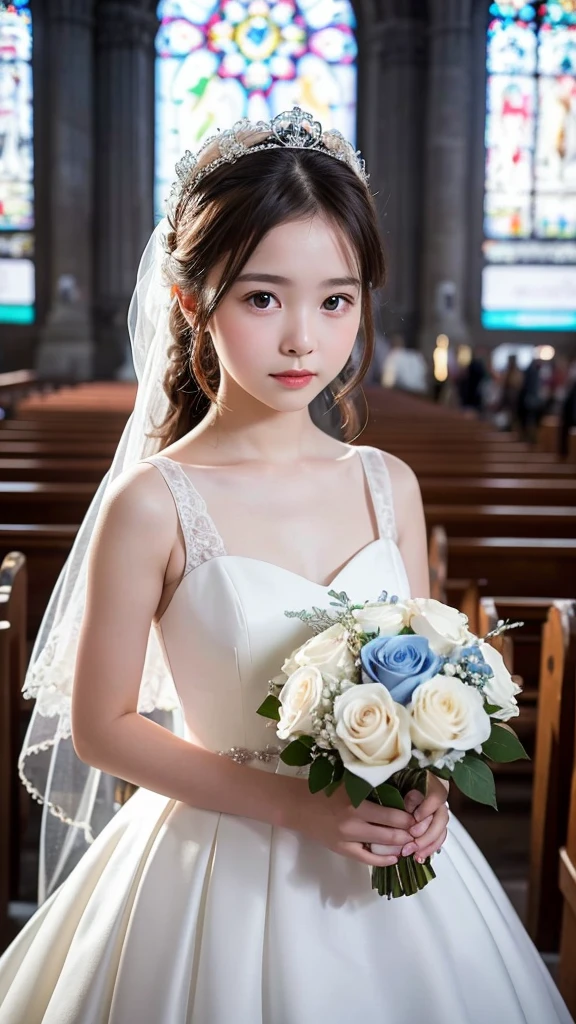 masterpiece,best quality,Beautiful vintage colors,An innocent and cute little girl,15 years old,Wedding dress,in church,Alone,Hand holding bouquet of blue roses,crystal crown,Light shines through the glass,blur background