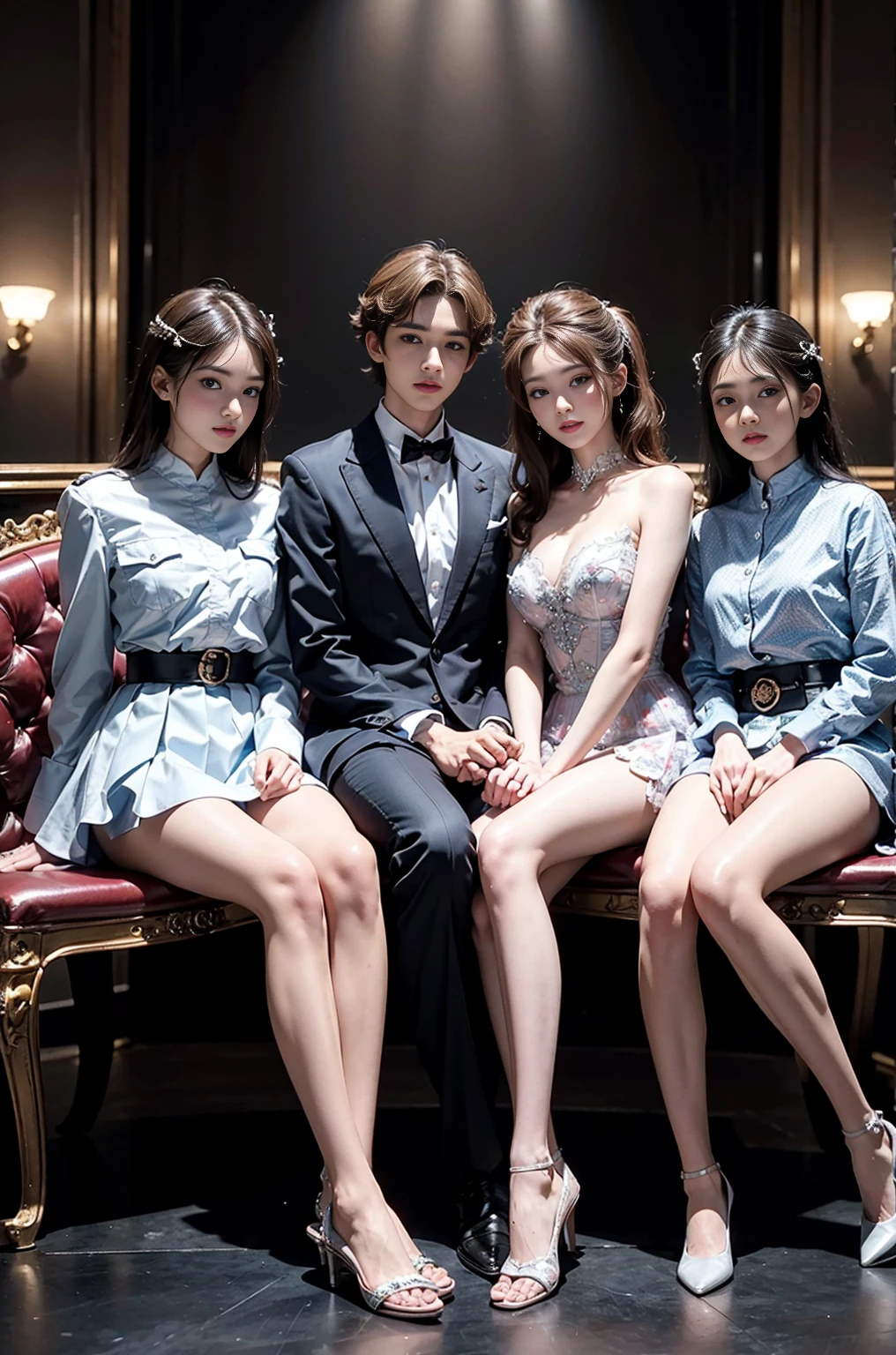 (masterpiece, best quality), (ridiculous:1.2), (Super detailed, 8k, ultra high definition:1.2), (Beautiful 4girls and handsome 4boys:1.3), young, Slim, (composition), blush, a happy expression, dramatic lighting, (short and small, Petite figure), (group picture, gather, friends), (multiple boys:1.2), looking at the audience, permanent, sitting, pose, Uniforms, (Many loving couples:1.2), V sign