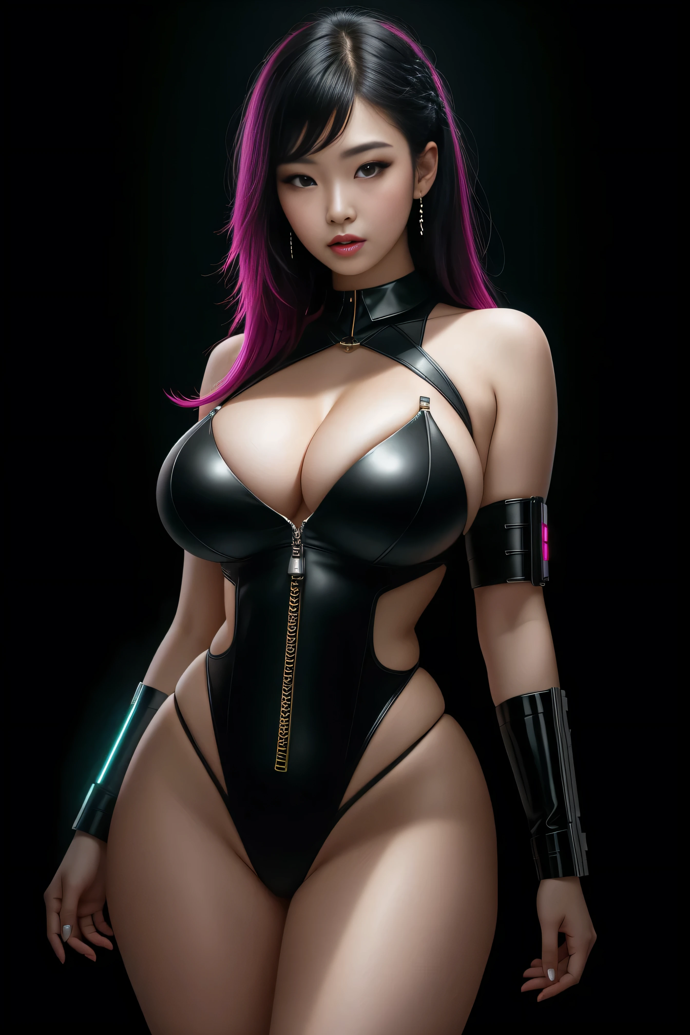 there is a beautiful Korean woman standing, 3 d neon art of a woman's tall curvaceous amazon body, neon-noir background, cyberpunk femme fatale, seductive cyberpunk dark fantasy, cyberpunk strip clubs, cyberpunk 28 y. o model girl, oppai cyberpunk, banner, high definition cgsociety, cgsociety masterpiece, trending on cgstation, kda, random hair, looking at camera, gigantic breasts, cleavage, (high detailed skin:1.2), 8k uhd, dslr, super lighting, high quality, film grain, high res, highly detailed, hyper realistic, beautiful face, beautiful body, beautiful eyes nose lips, alluring expression, very bold, upper boobs visible, full body photo, standing legs apart, pale translucent glowing skin, most beautiful face, cute, (well defined pubic hair:1.2)), (dark plain black background:1.4))