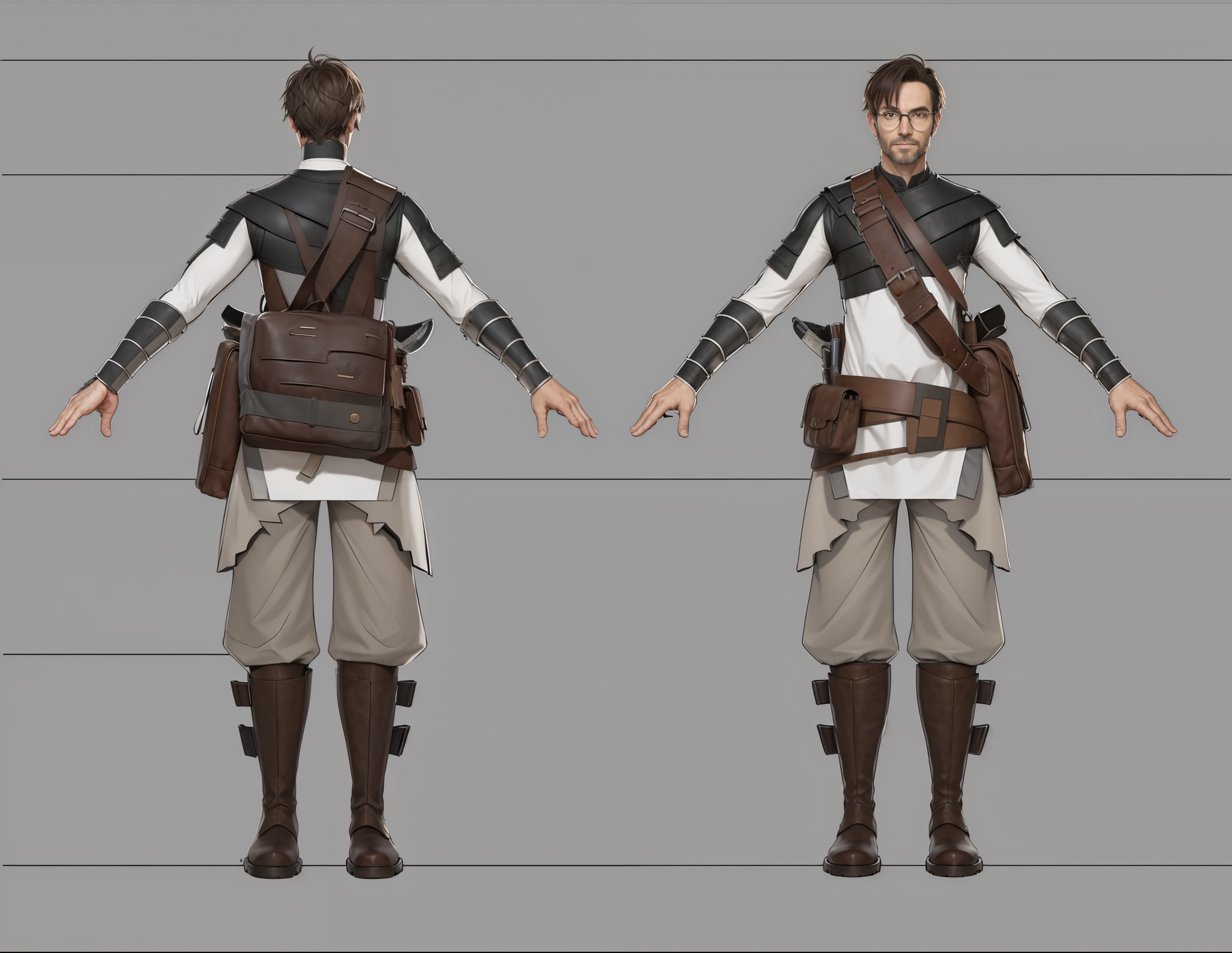 (Realistic:1.33),(masterpiece:1.1),(highest quality:1.1),(HDR:1),a close up of a man with a medieval fantasy bag and a backpack, full body character concept, full body concept, detailed full body concept art, concept shirt, detailed full body concept, full body concept art, philosopher medieval style character, game character design, concept character, full body character concept art, 3 d character reference sheet, male, video game character concept, detailed character design, character sheet, character model sheet turnaround , front and back, front and back, medieval philosopher wearing black and white shirt with leather bag full of paper, white and black costume, philosopher glasses, ( brown leather boots ), (Short sleeve shirt), short sleeve, show arm muscle, waist leather bag, Shoulder Armor with Moonlit Edges, grey clean background
